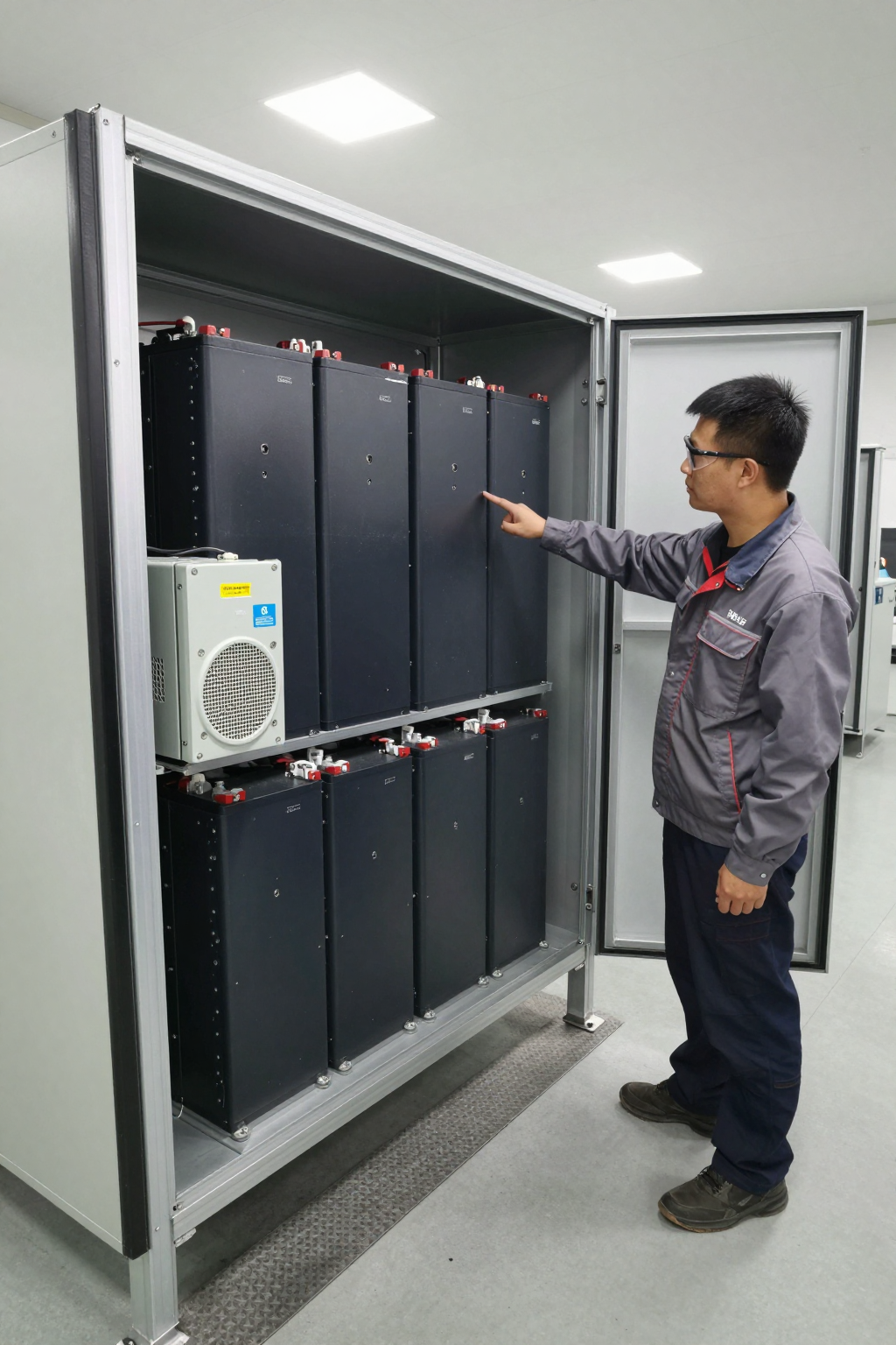 An integrated 48V battery module with a direct-to-module cold plate and compact compressor unit installed inside the enclosure.