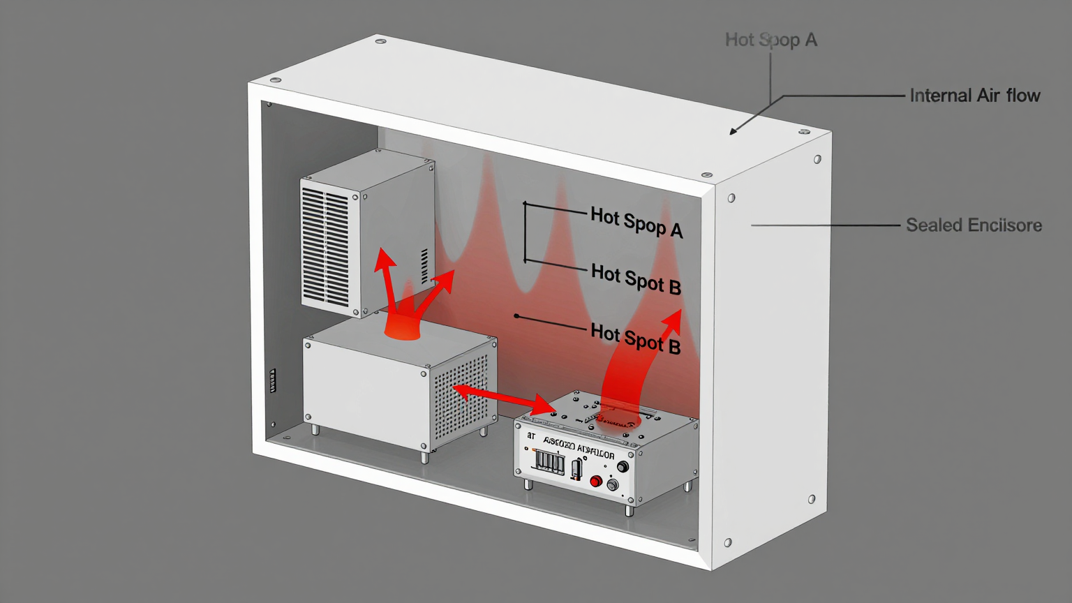 A sealed 5G telecommunications cabinet on a rooftop under the hot sun.