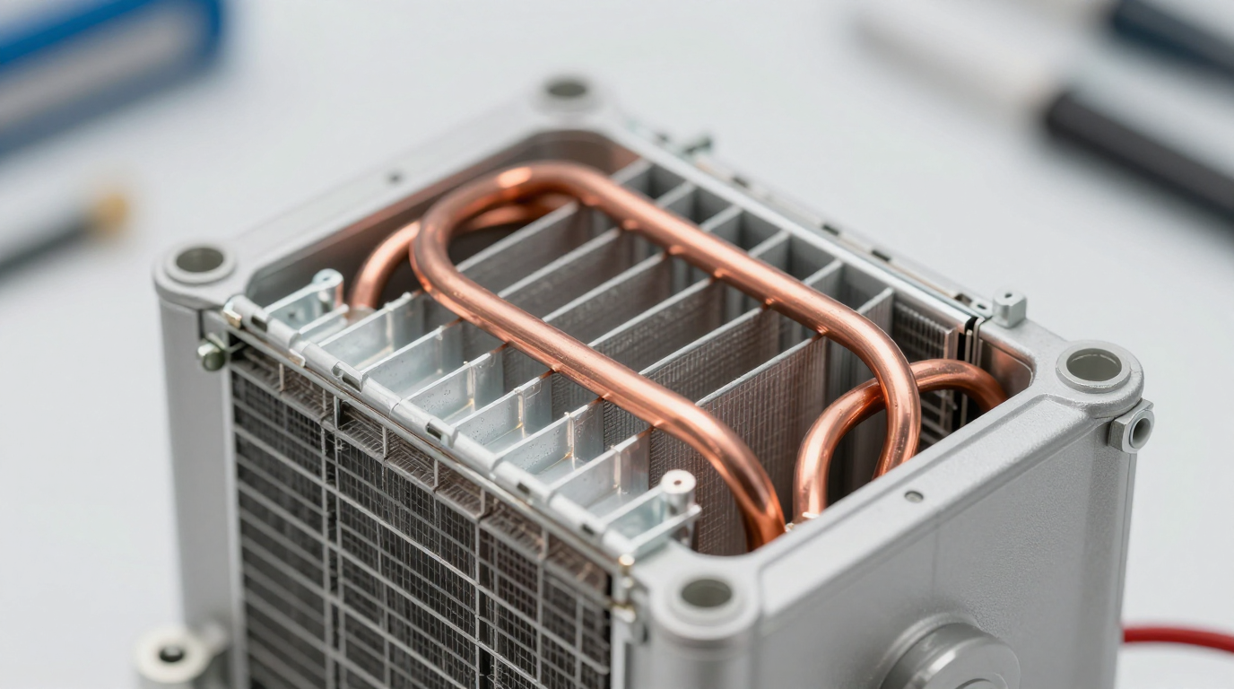 A compact DC compressor unit being integrated into the side of a sealed electronics cabinet.