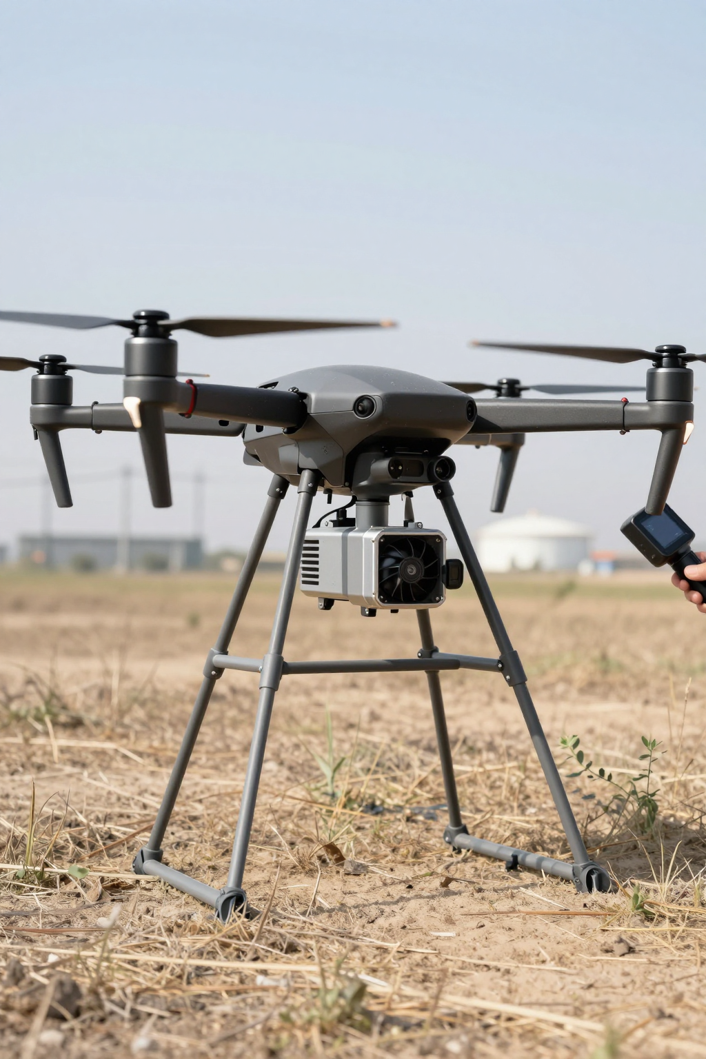 An integrated UAV payload with a compact cooling module attached, showing the cold plate interface.