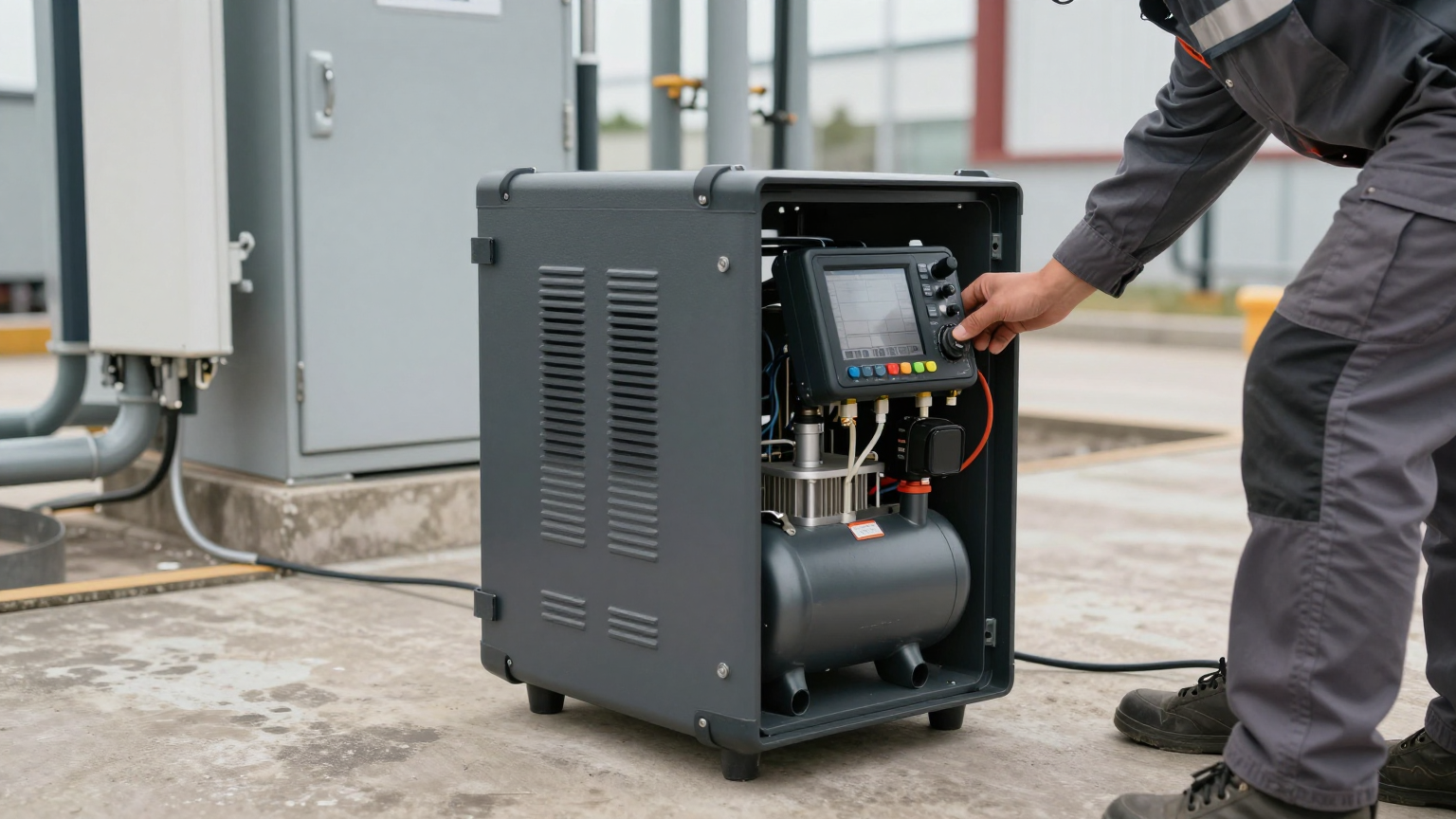 Close-up of a compact condenser unit with a fan, part of a miniature DC cooling system.