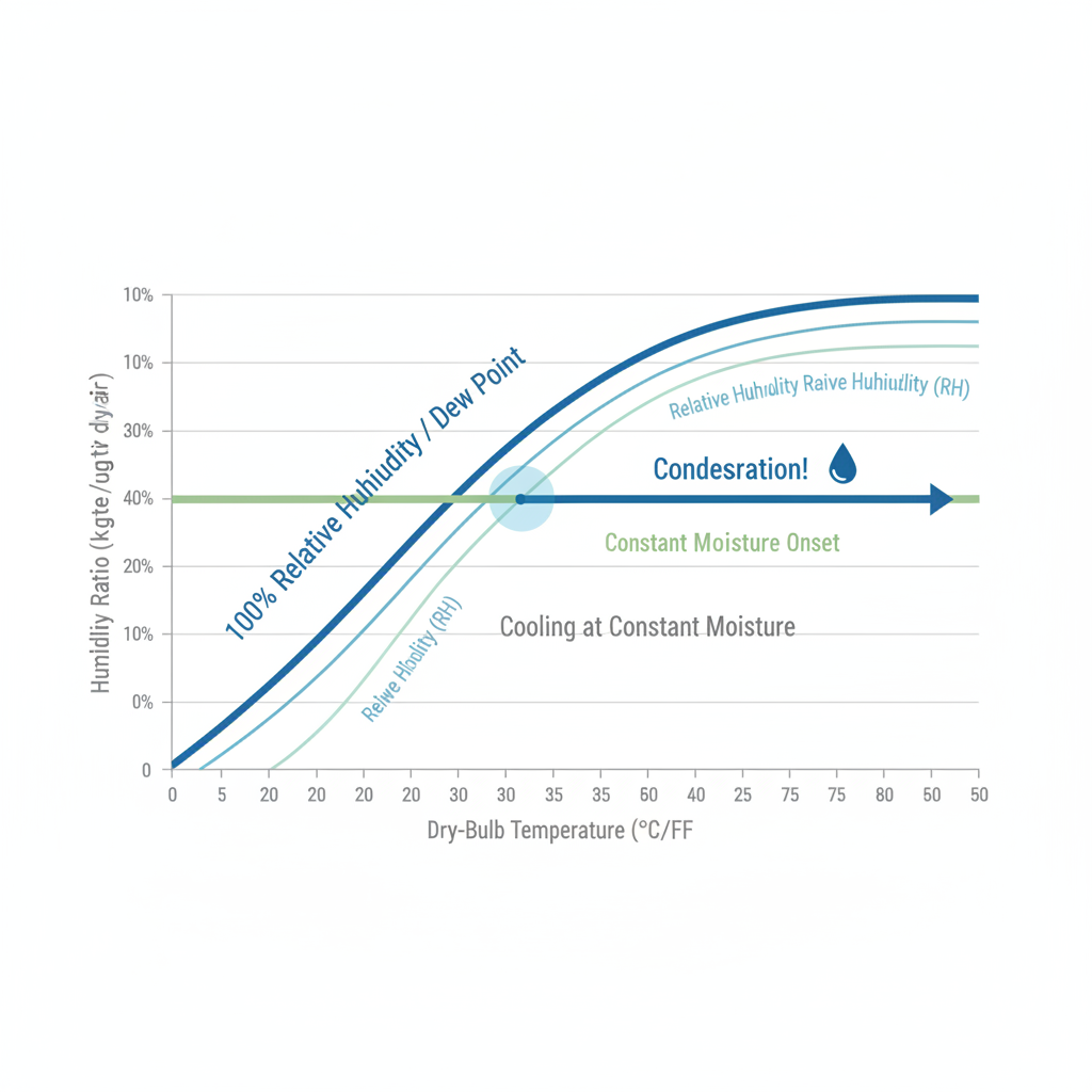 Psychrometric chart illustrating the relationship between temperature drop and dew point saturation