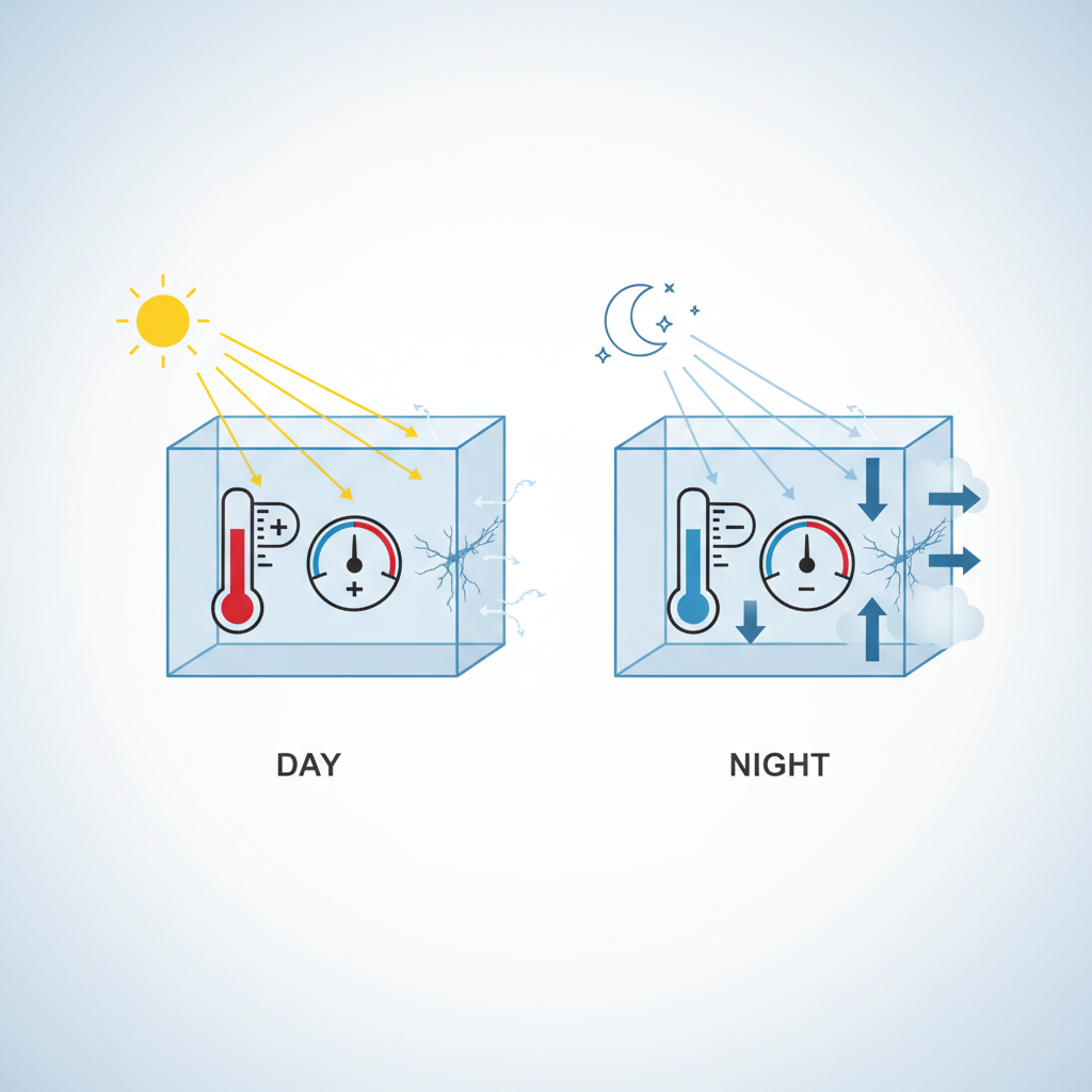 Diagram showing the breathing effect of sealed enclosures during day and night cycles