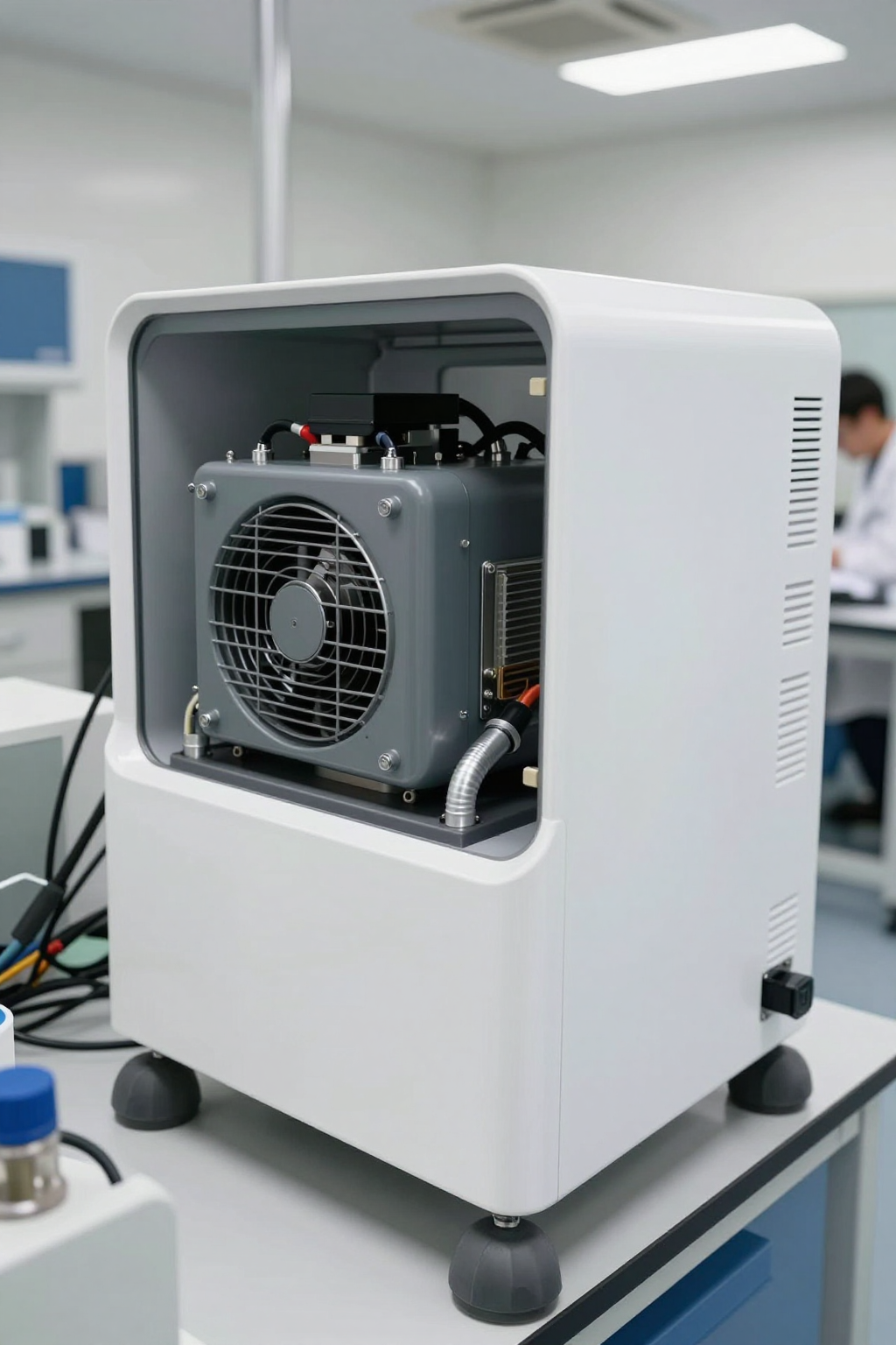 An engineer inspecting the condenser fins on a micro-chiller unit for dust buildup.