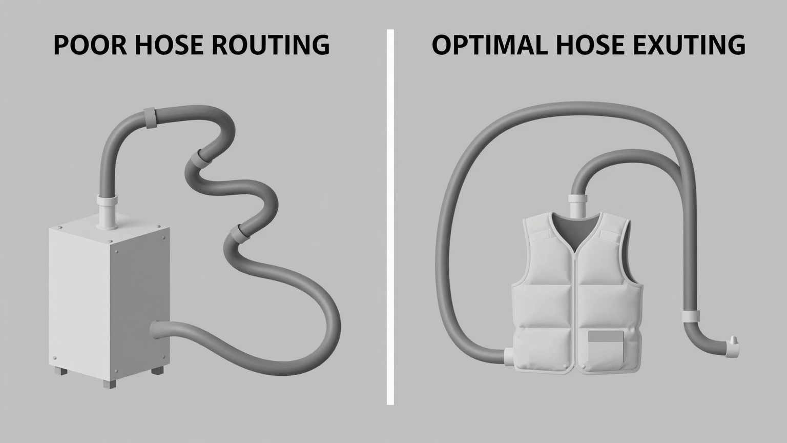 An engineer inspecting the hose connections between a chiller and a cooling vest, highlighting potential points of flow restriction.