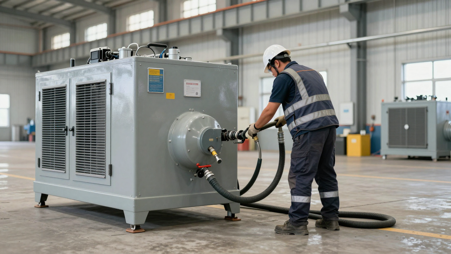 A well-organized cooling system setup showing a chiller connected to a cooling vest with clean, direct hose routing and minimal connectors.