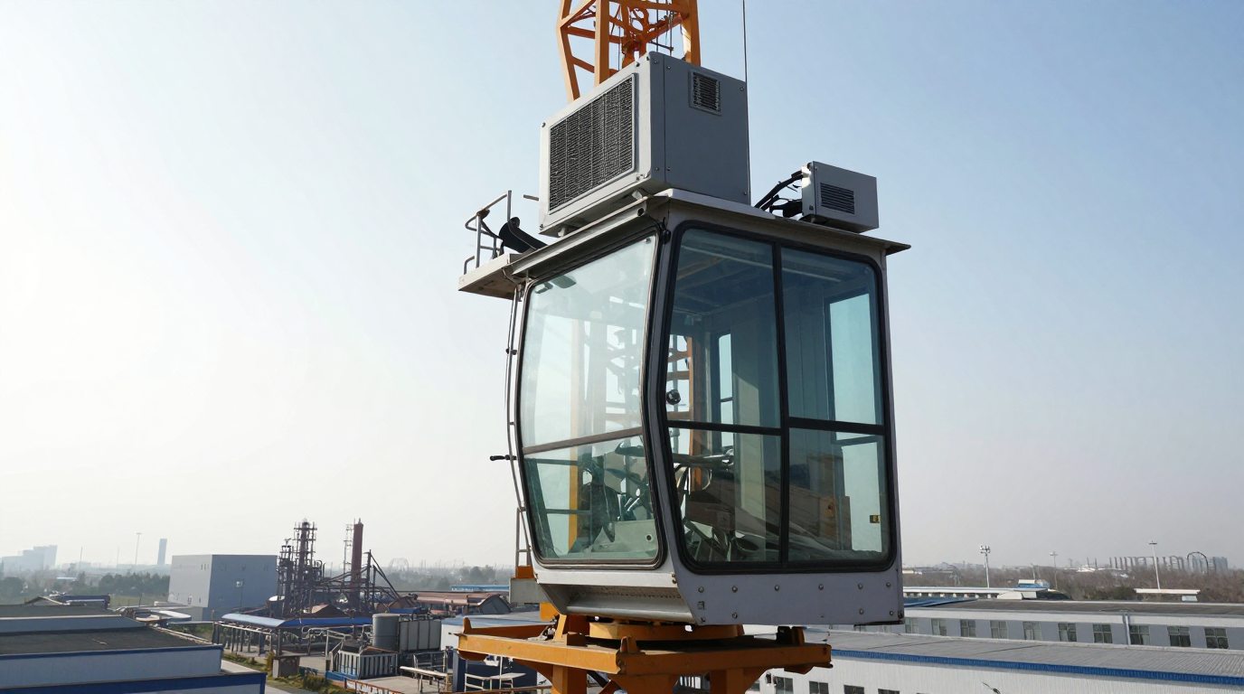 Crane cab with installed DC air conditioning maintaining operator comfort at height