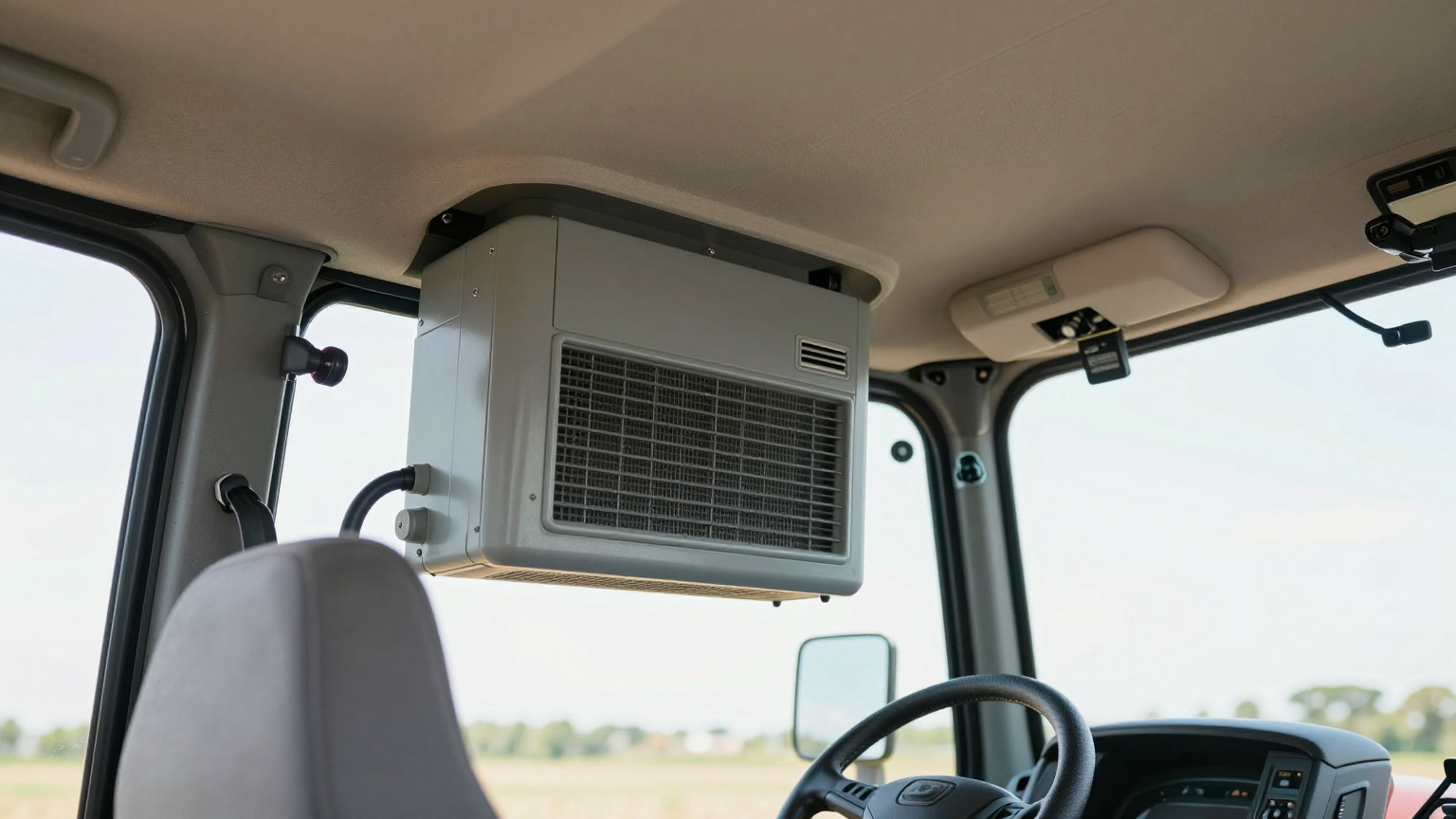 Compact tractor with enclosed cab operating in an agricultural field