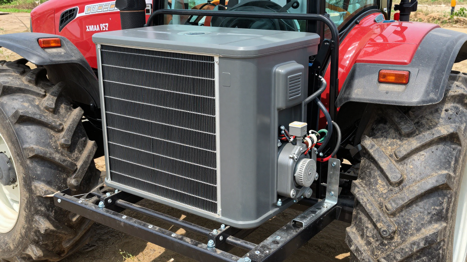 DC compressor and evaporator unit installed in a tractor cab ceiling