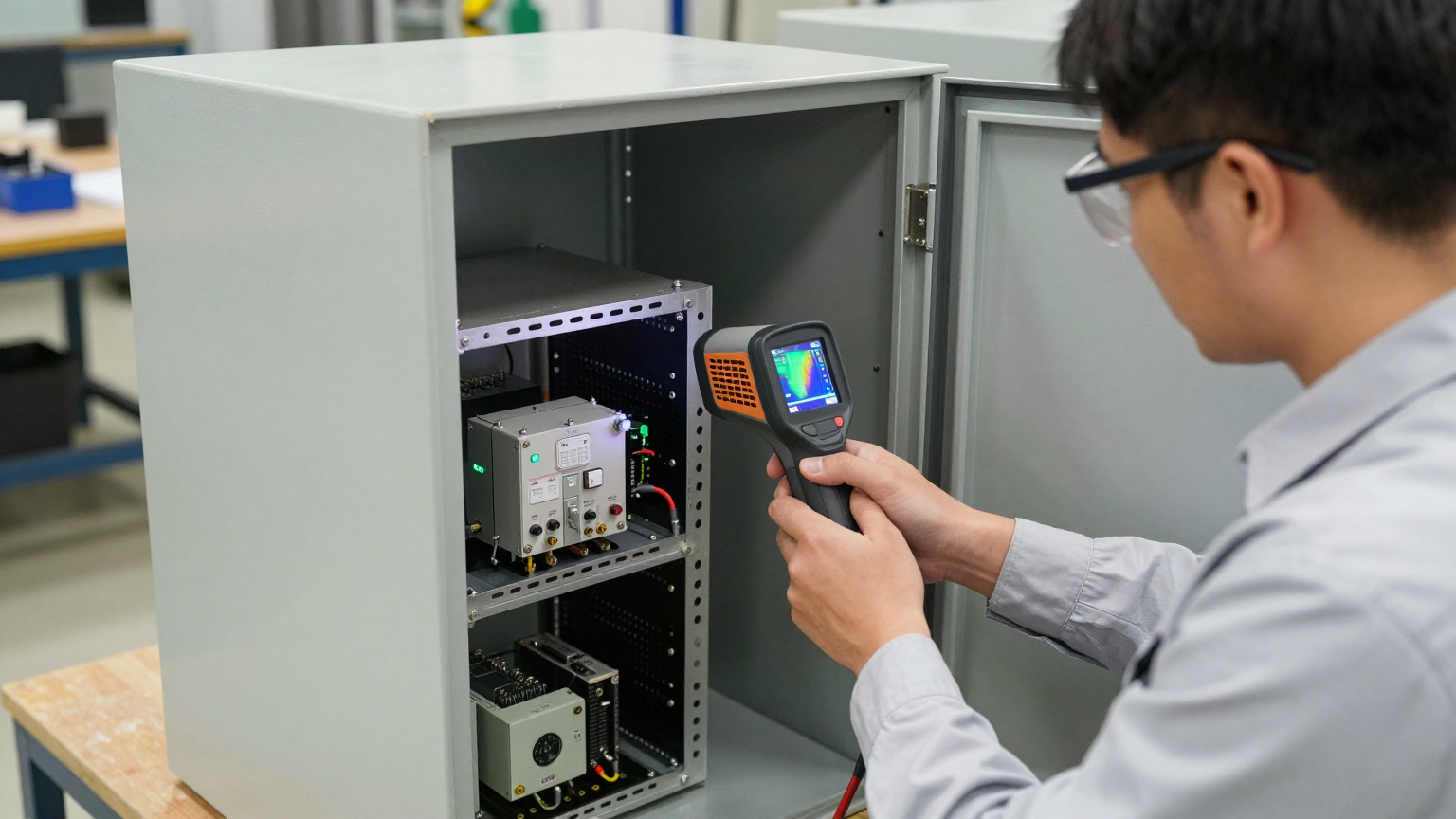 Close-up of a compact DC air conditioner's condenser coils, showing the separation between internal and external airflow paths.