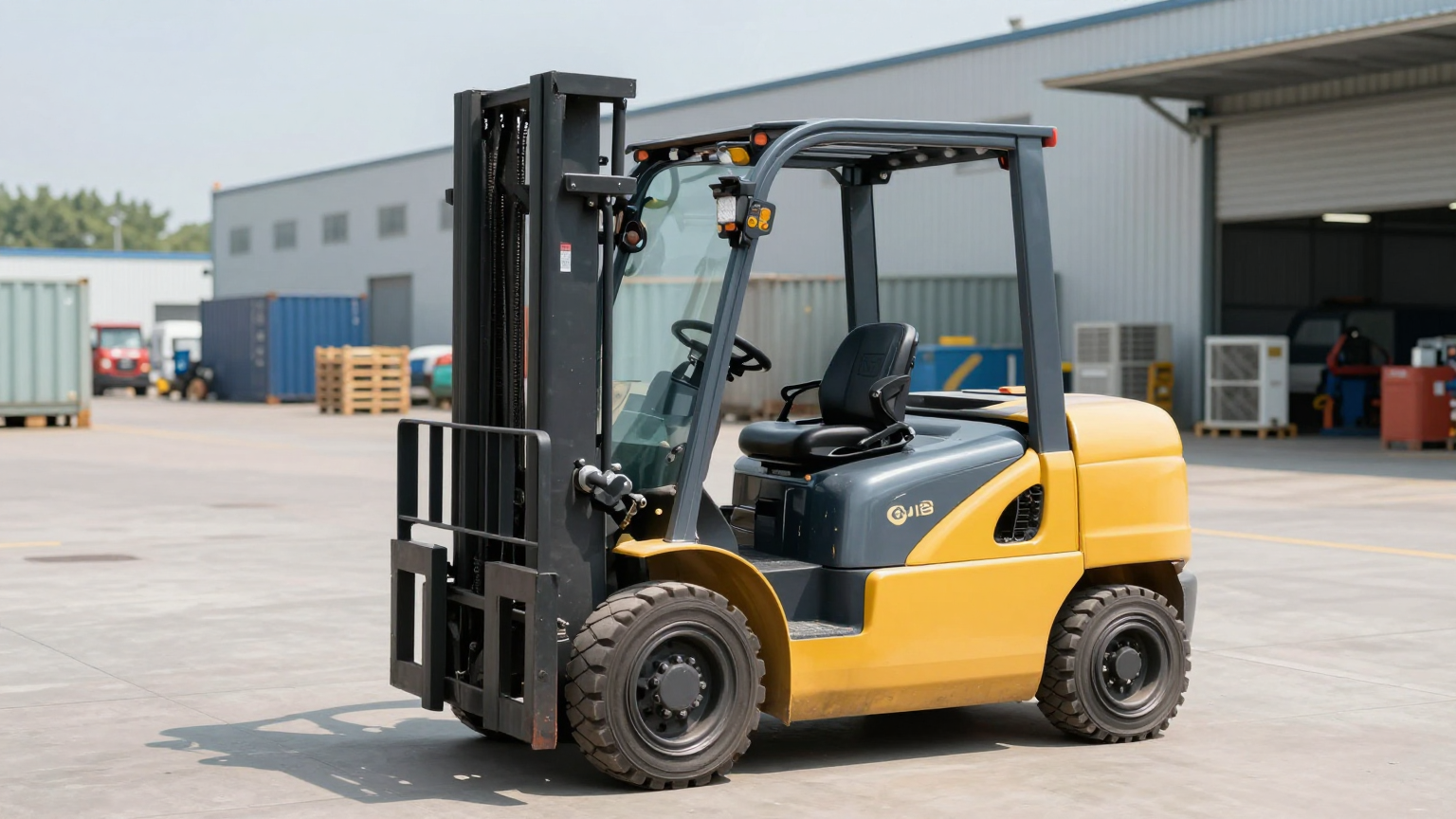 Forklift operator working comfortably in a cooled cab during summer operations