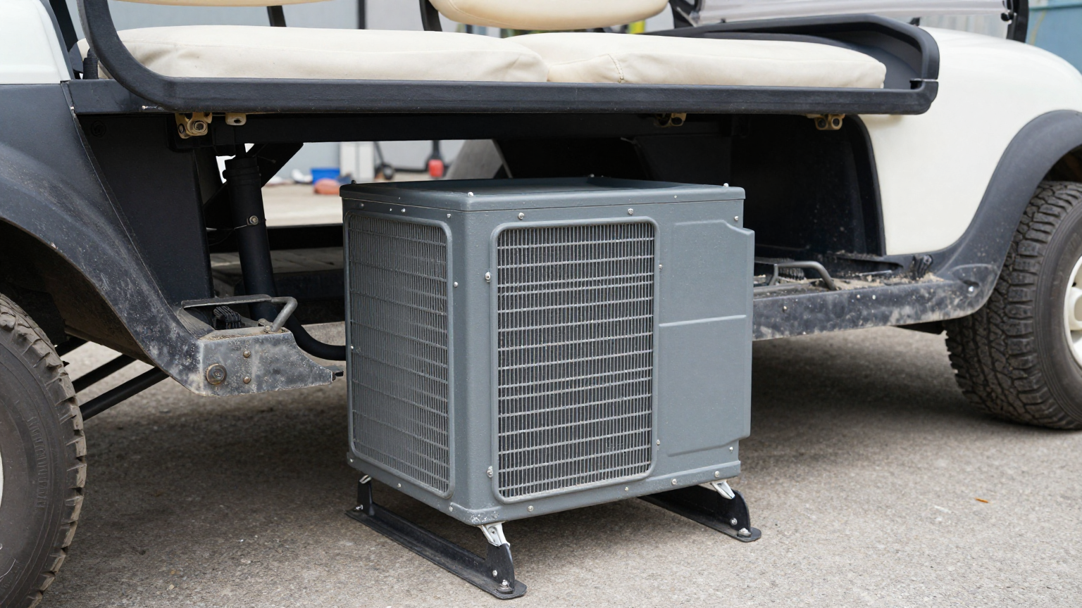 Interior of luxury enclosed golf cart with discreet AC vents