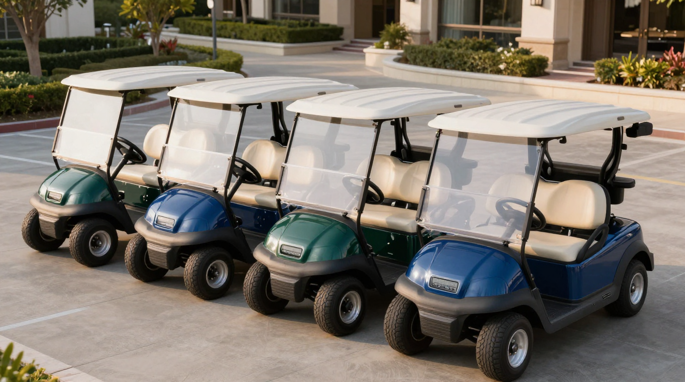 Split-type DC air conditioner condenser mounted discreetly under a golf cart