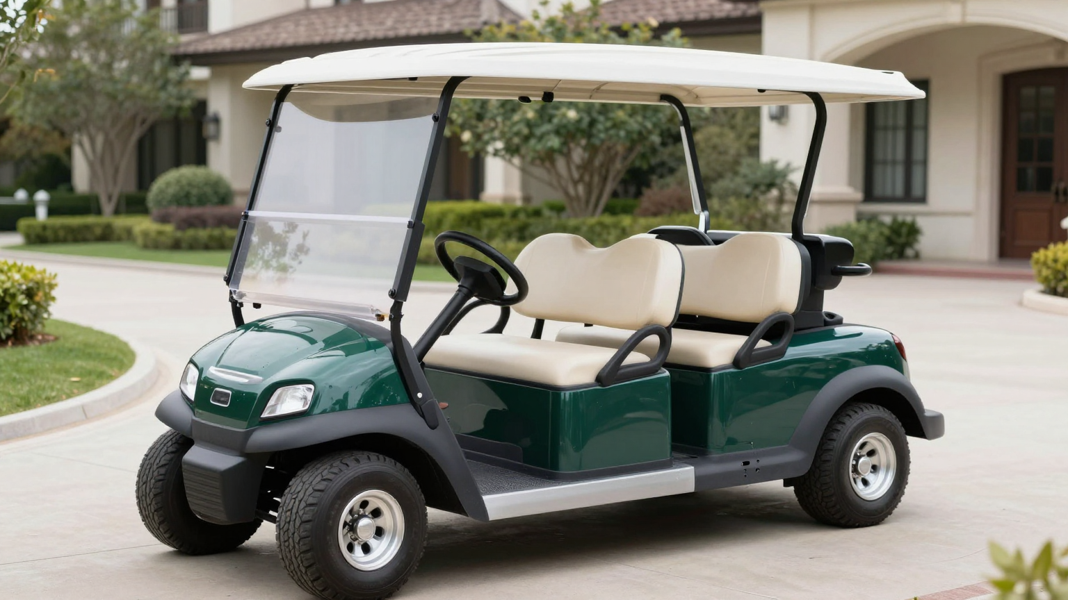 Fleet of enclosed golf carts at a resort with climate-controlled cabins