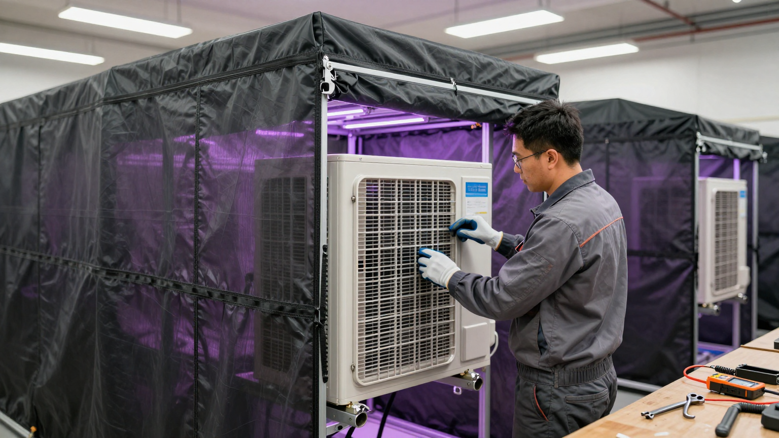 Vertical farming facility with sealed growing environments and integrated cooling