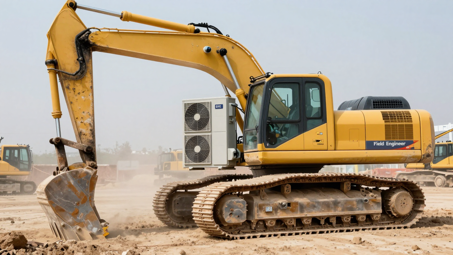 Fleet of diverse heavy equipment with DC air conditioning systems installed across vehicle types