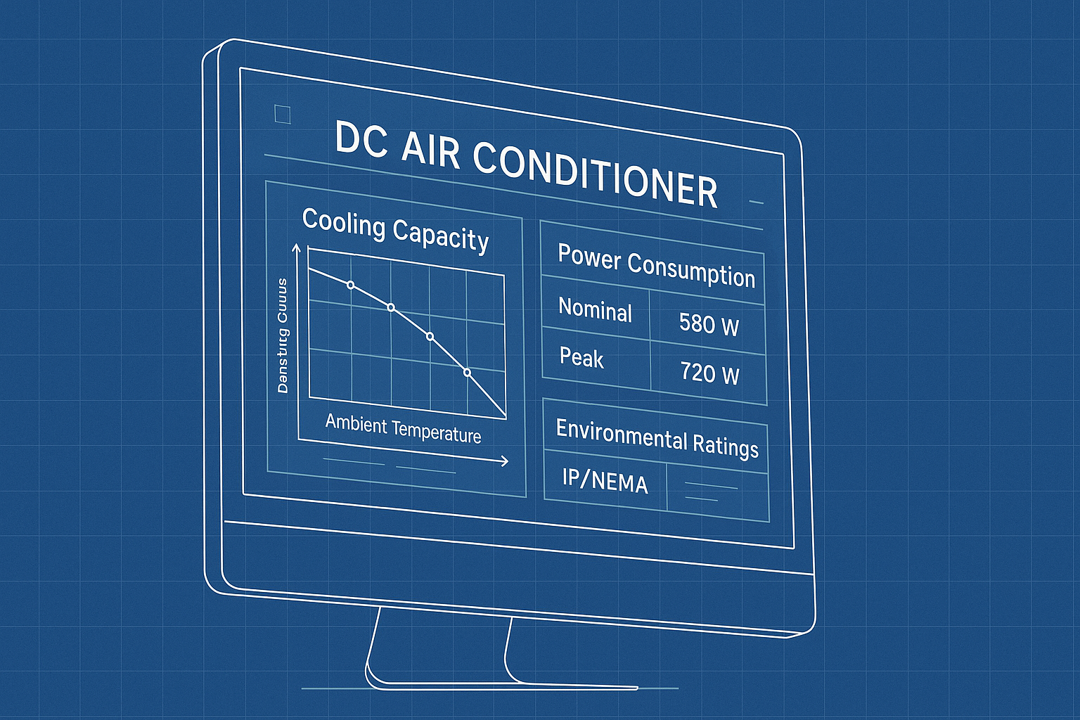 Engineer reviewing a dc air conditioner datasheet on a computer screen.