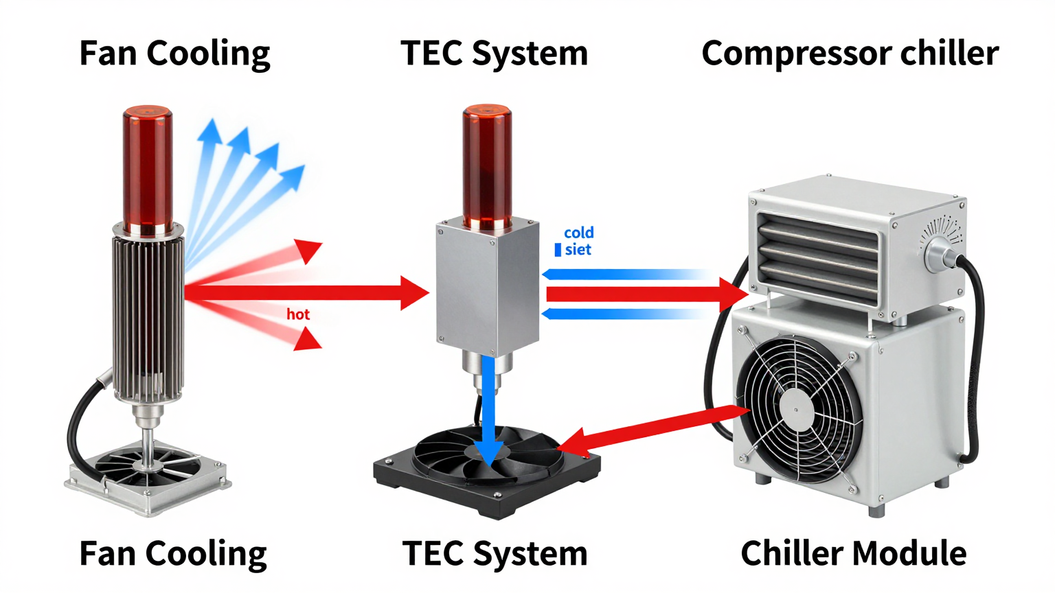 Laser diode with heatsink and fan assembly showing thermal limitations