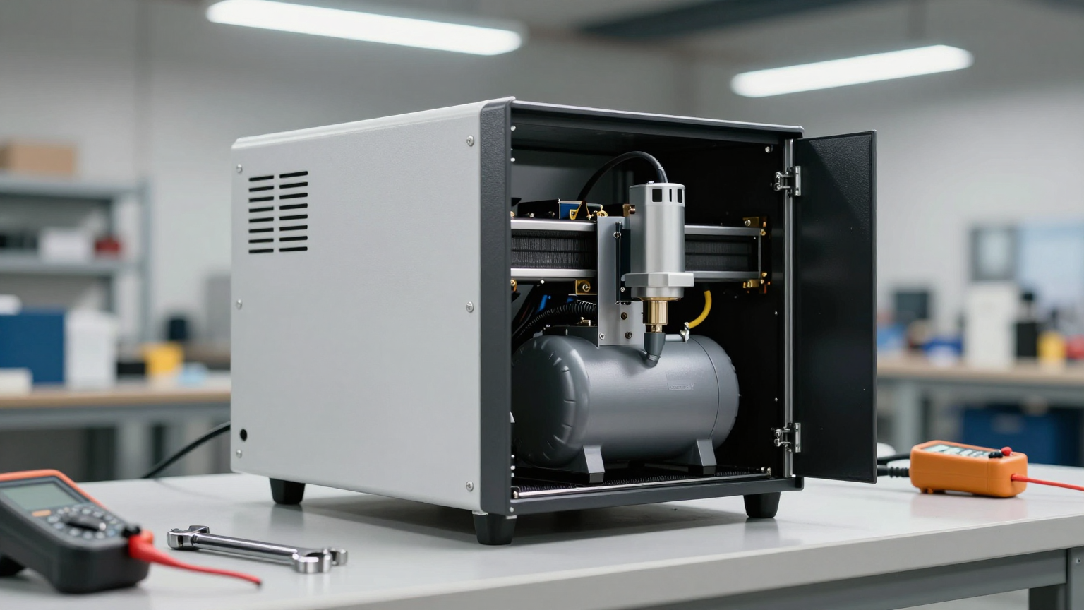 Compact DC compressor chiller module integrated inside laser equipment