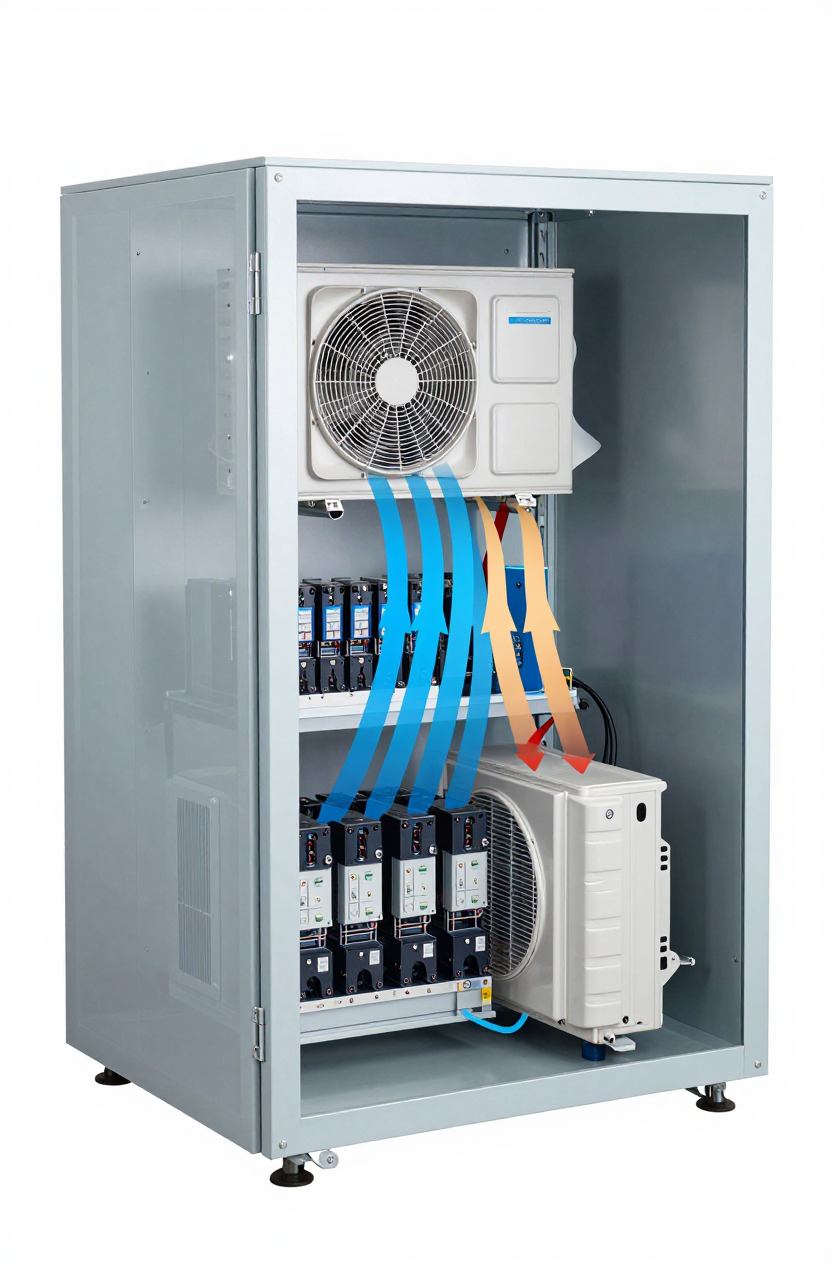 Diagram of airflow recirculation causing hotspots in a sealed cabinet