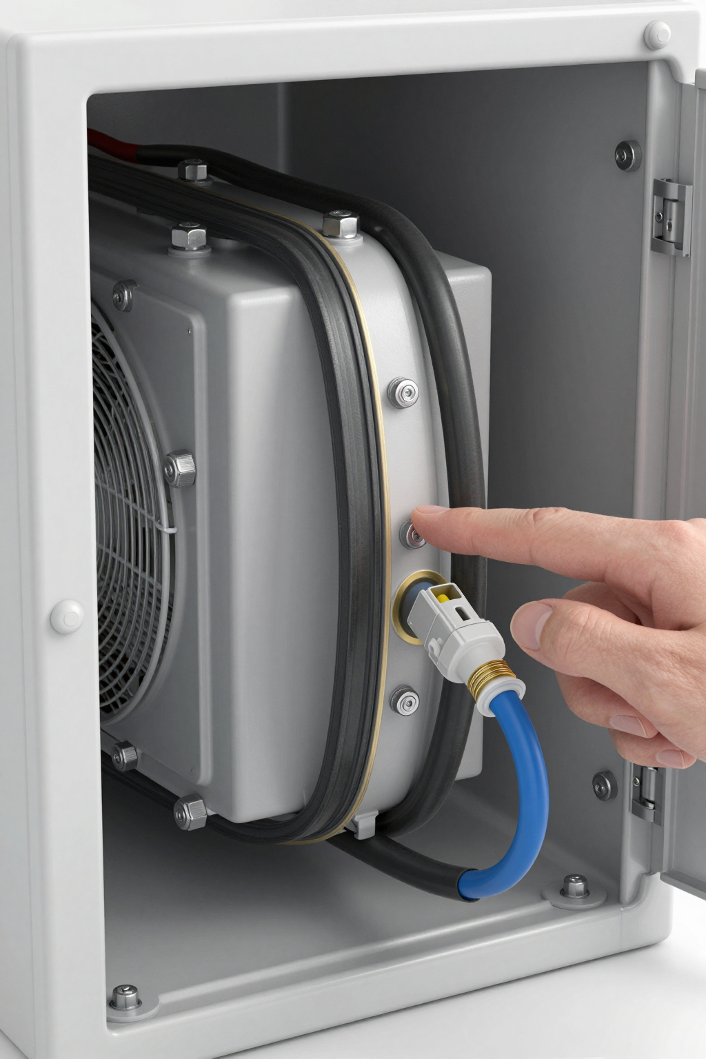 Technician inspecting a sealed enclosure cooling system