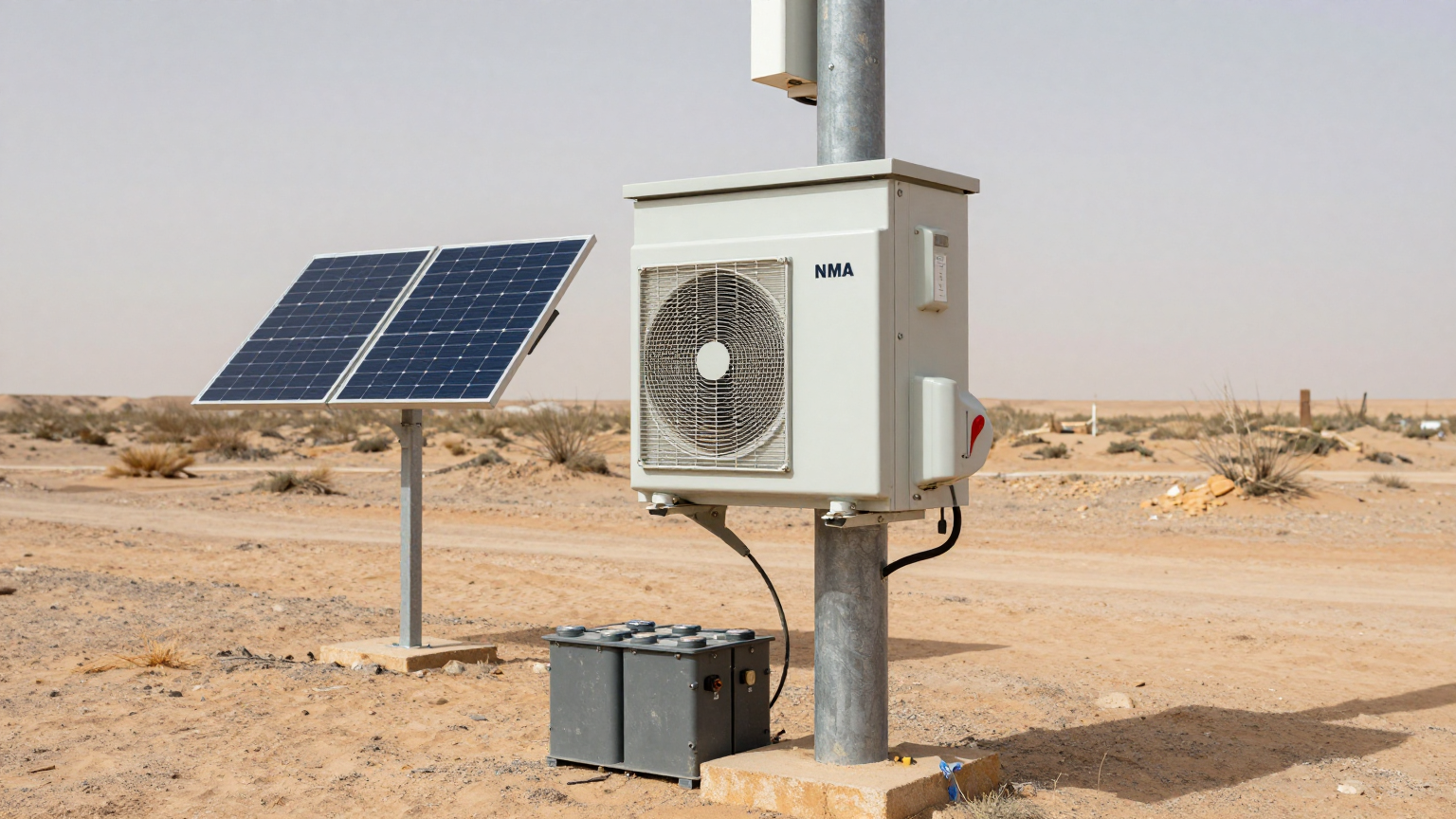 A technician installing a sealed electronics enclosure in a remote, sunny location, with solar panels visible in the background.