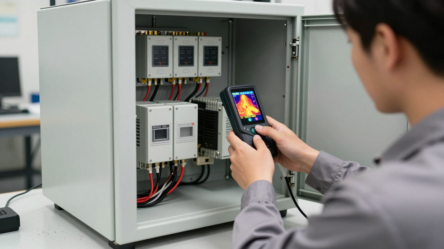 Diagram showing closed-loop airflow within a control cabinet using a DC enclosure air conditioner.