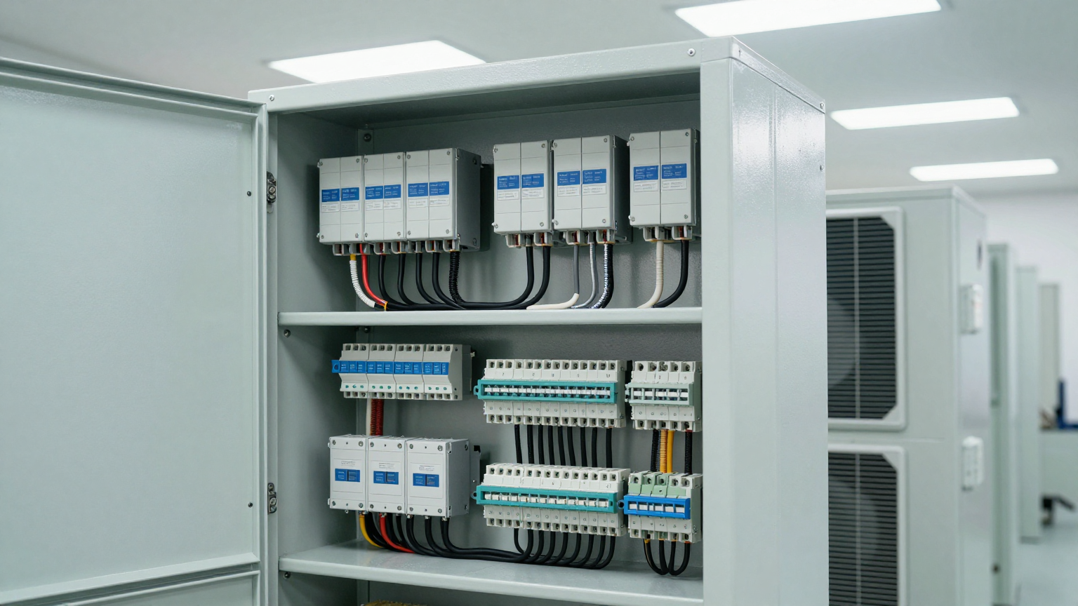 An engineer uses a thermal camera to identify hot spots inside a control panel, revealing VFD cabinet overheating.