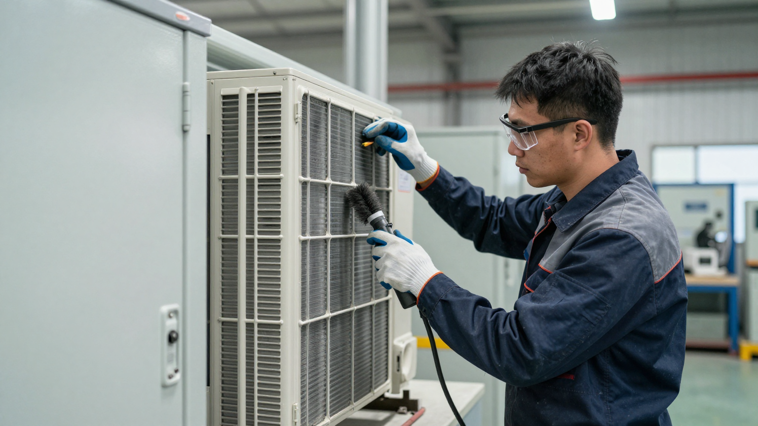 A close-up of a micro DC air conditioner unit mounted on the side of an industrial electrical cabinet.