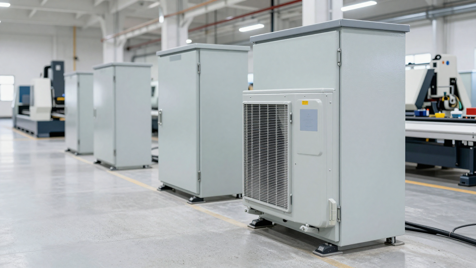 An engineer performing maintenance on a DC enclosure air conditioner in a dusty environment.