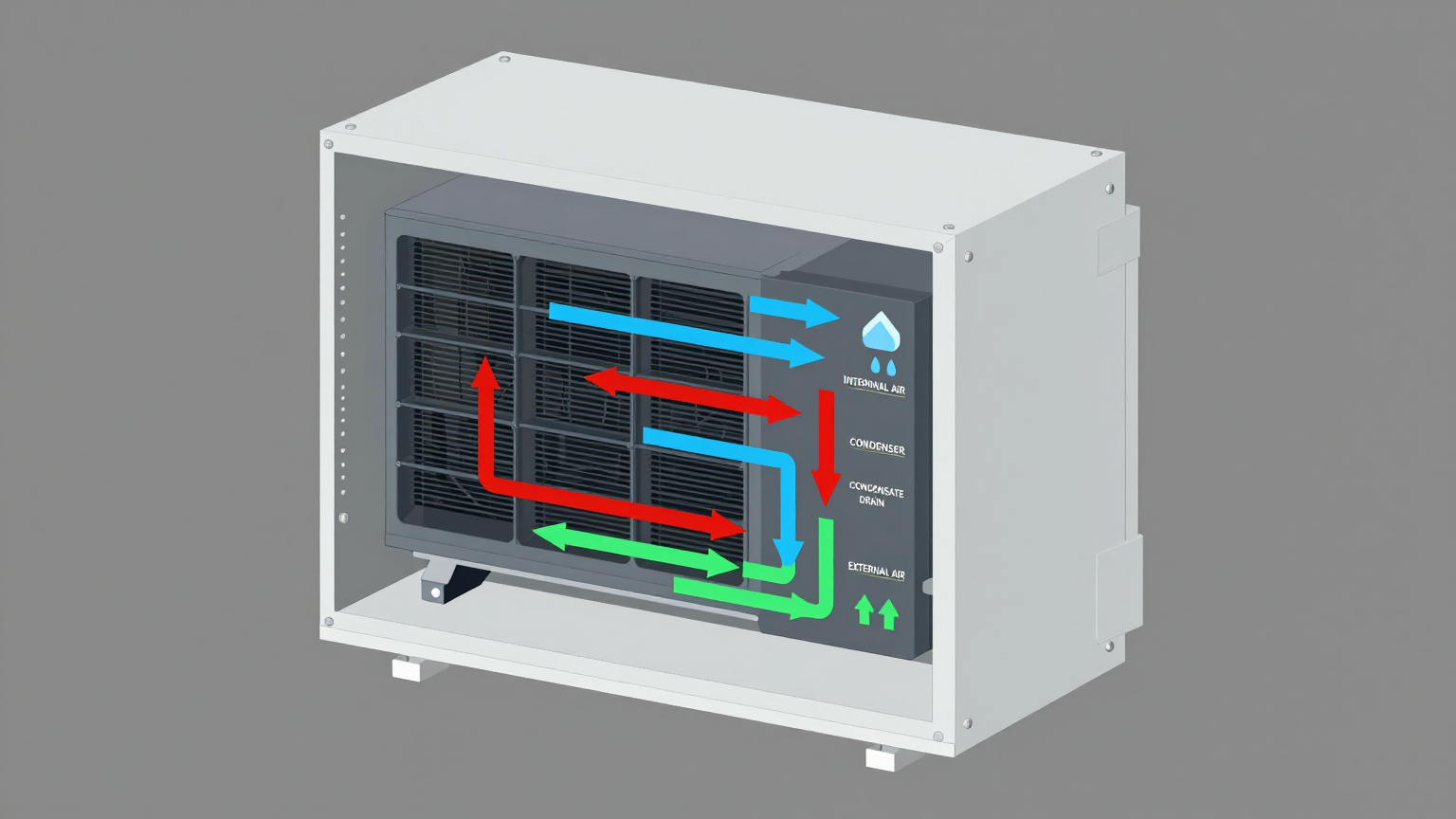 A micro dc air conditioner unit mounted on a sealed industrial electronics cabinet in a humid environment.