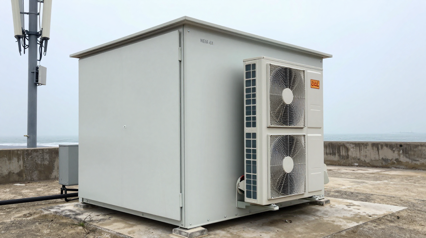 A technician performing a maintenance check on a DC enclosure air conditioner, cleaning the external condenser coils.