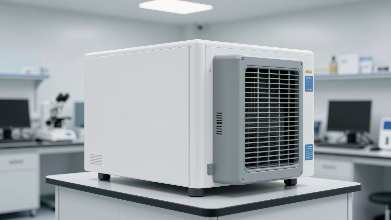 Technician installing a micro dc air conditioner for medical equipment cabinet, ensuring a proper seal.