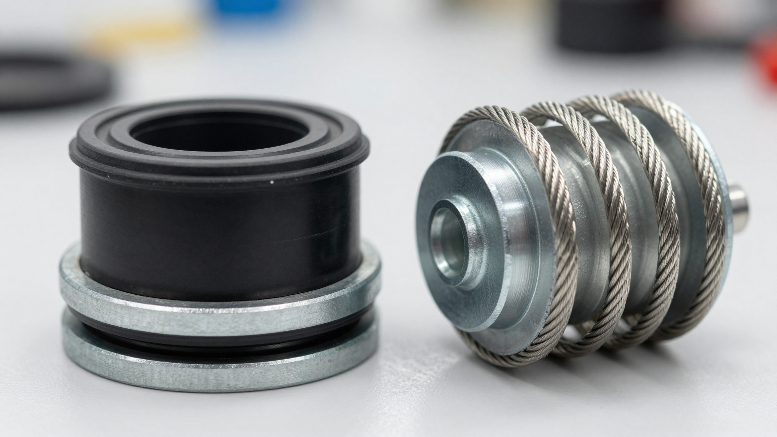 A diagram comparing a rigidly mounted system transmitting vibration versus an isolated system damping the vibration with elastomeric mounts.