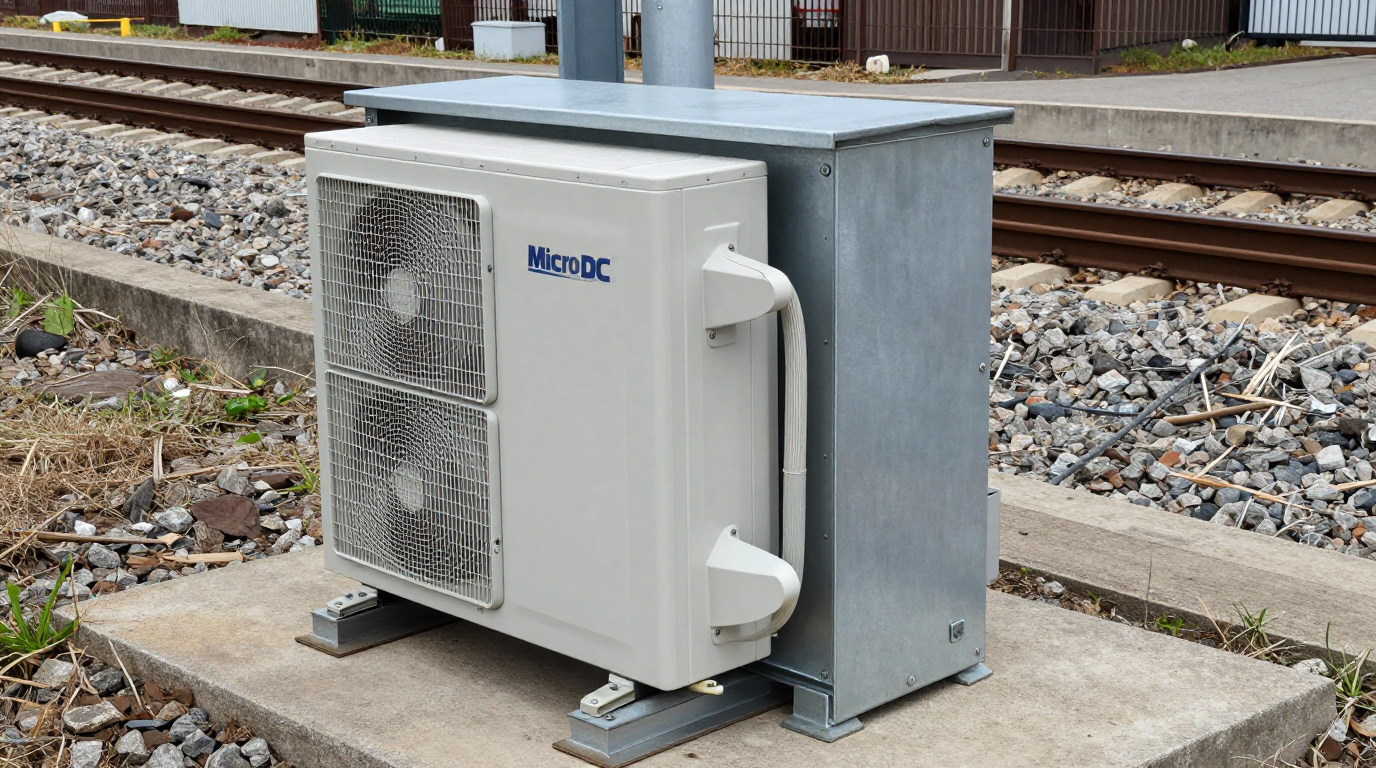 A technician performing a maintenance check on a Micro DC Aircon unit, cleaning the condenser coils.