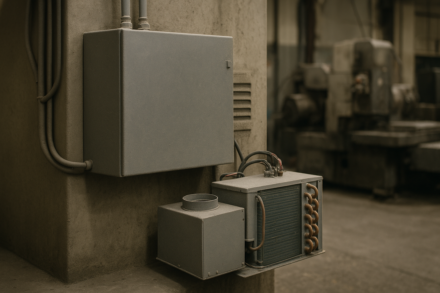 An industrial enclosure in a dusty manufacturing environment, showing the need for robust cooling.