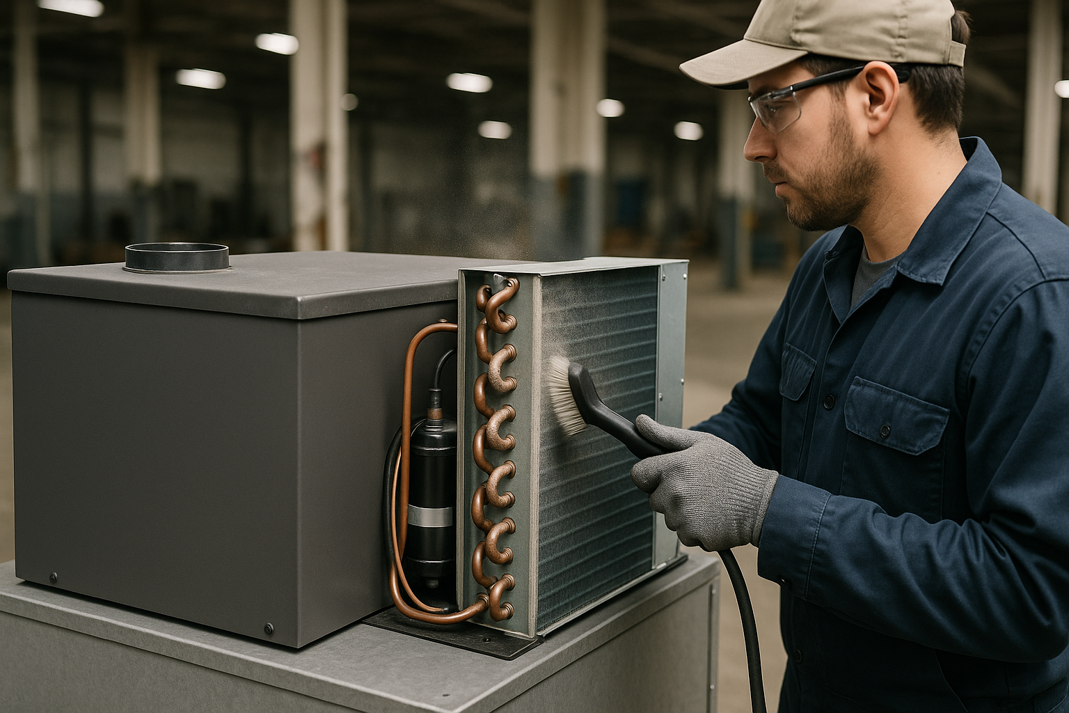 A technician cleaning the condenser coils of a closed-loop air conditioner on an industrial enclosure.