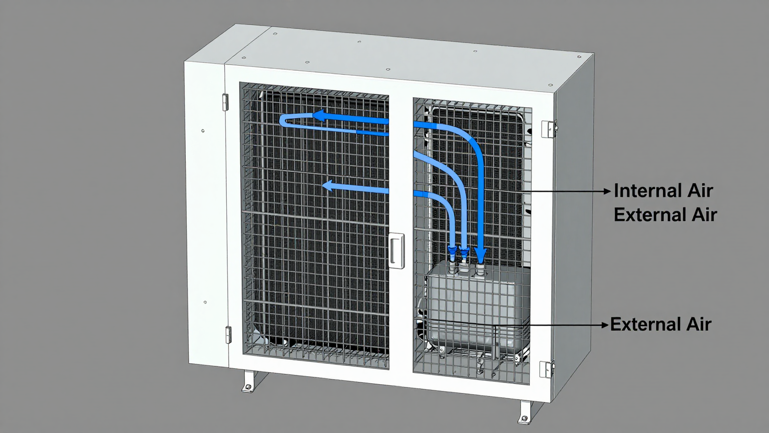 A NEMA 4X outdoor cabinet with a compact DC air conditioner mounted on the side, showing a clean installation.