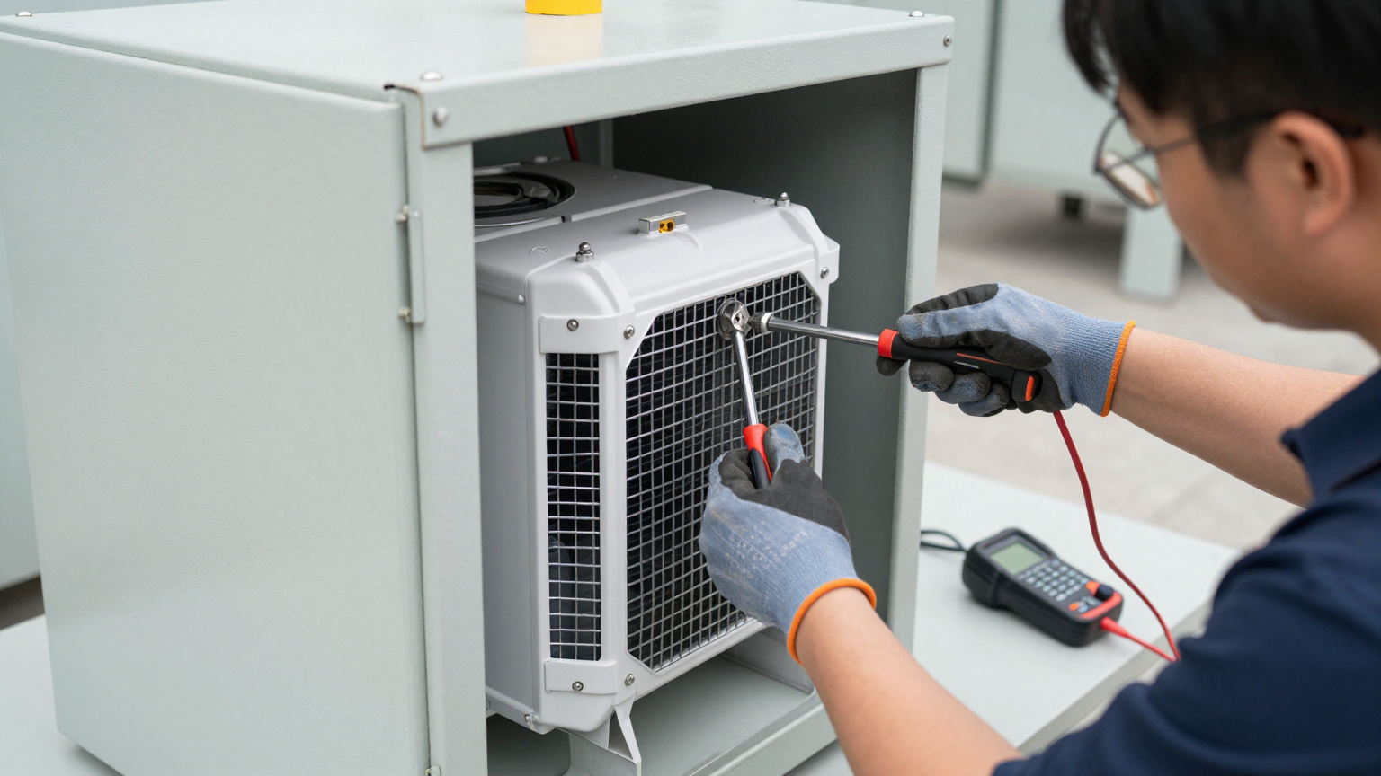 Diagram showing the closed-loop airflow of a micro DC air conditioner for kiosk control panel sensor cooling.