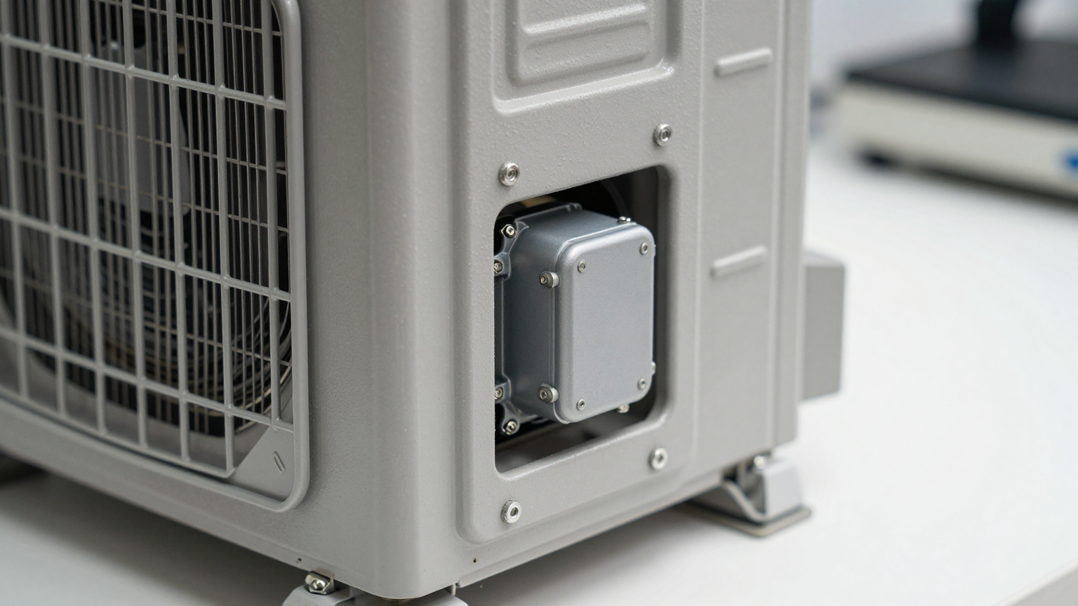 An engineer installing a compact DC cooling unit onto an industrial control panel.