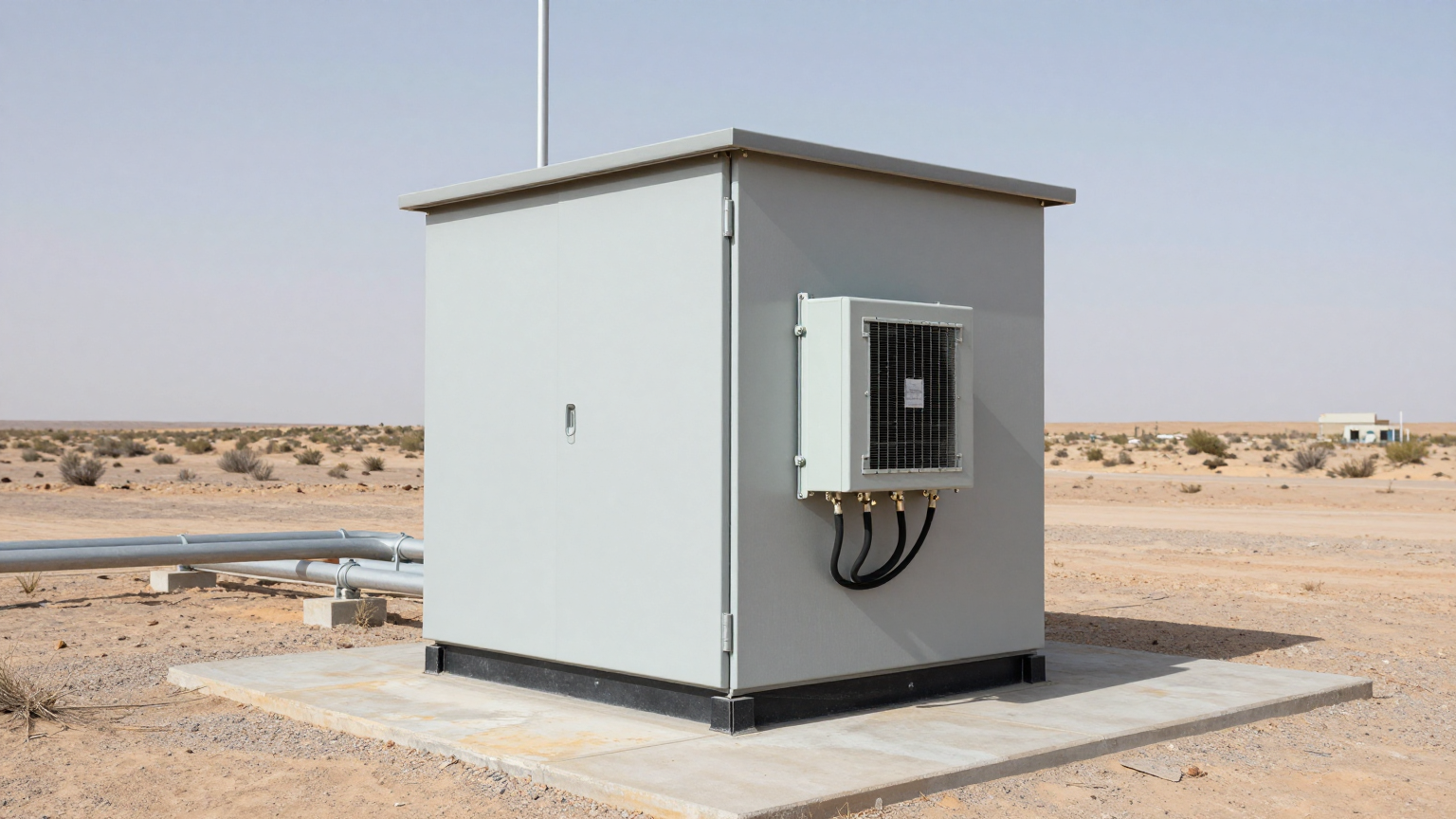 Close-up of a ruggedized Micro DC Aircon unit, built for outdoor sealed enclosure cooling applications.