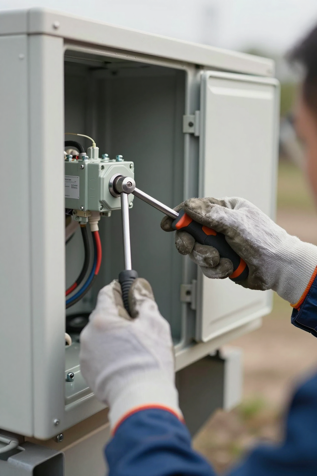 Technician inspecting cable glands and mounting bolts on outdoor cabinet