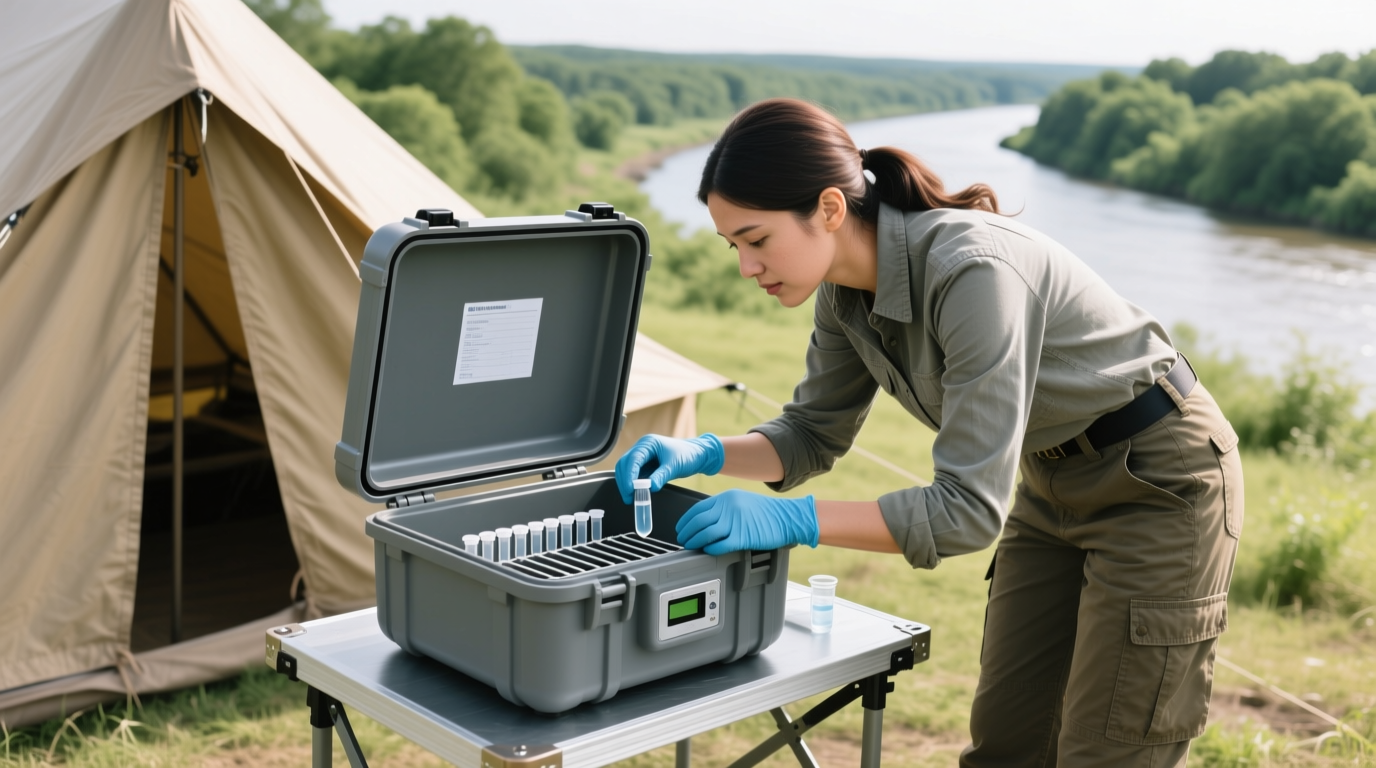 PHOTO: portable environmental chamber deployed at remote geological survey site with solar panel power source