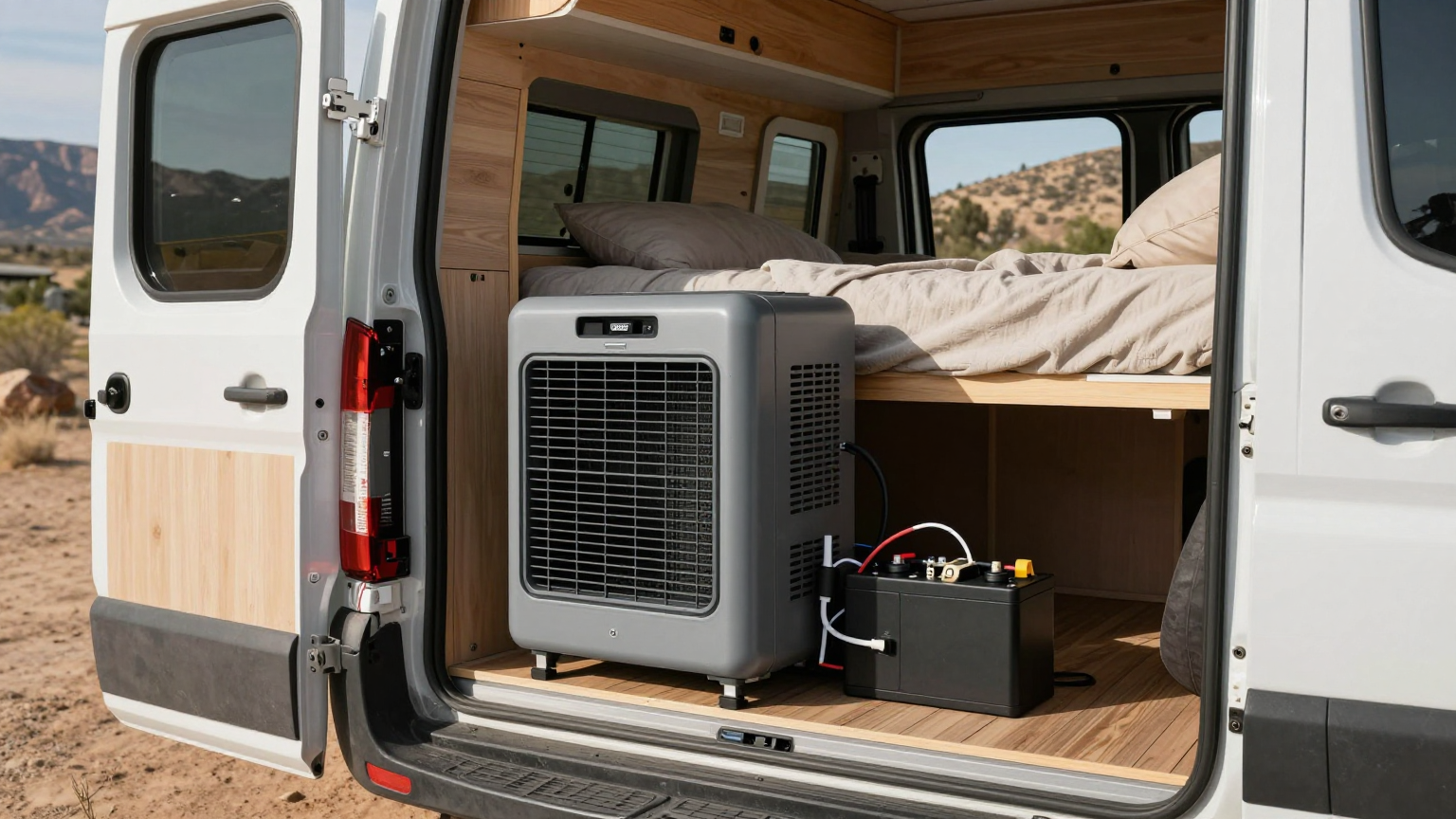 Van life couple sleeping comfortably with AC