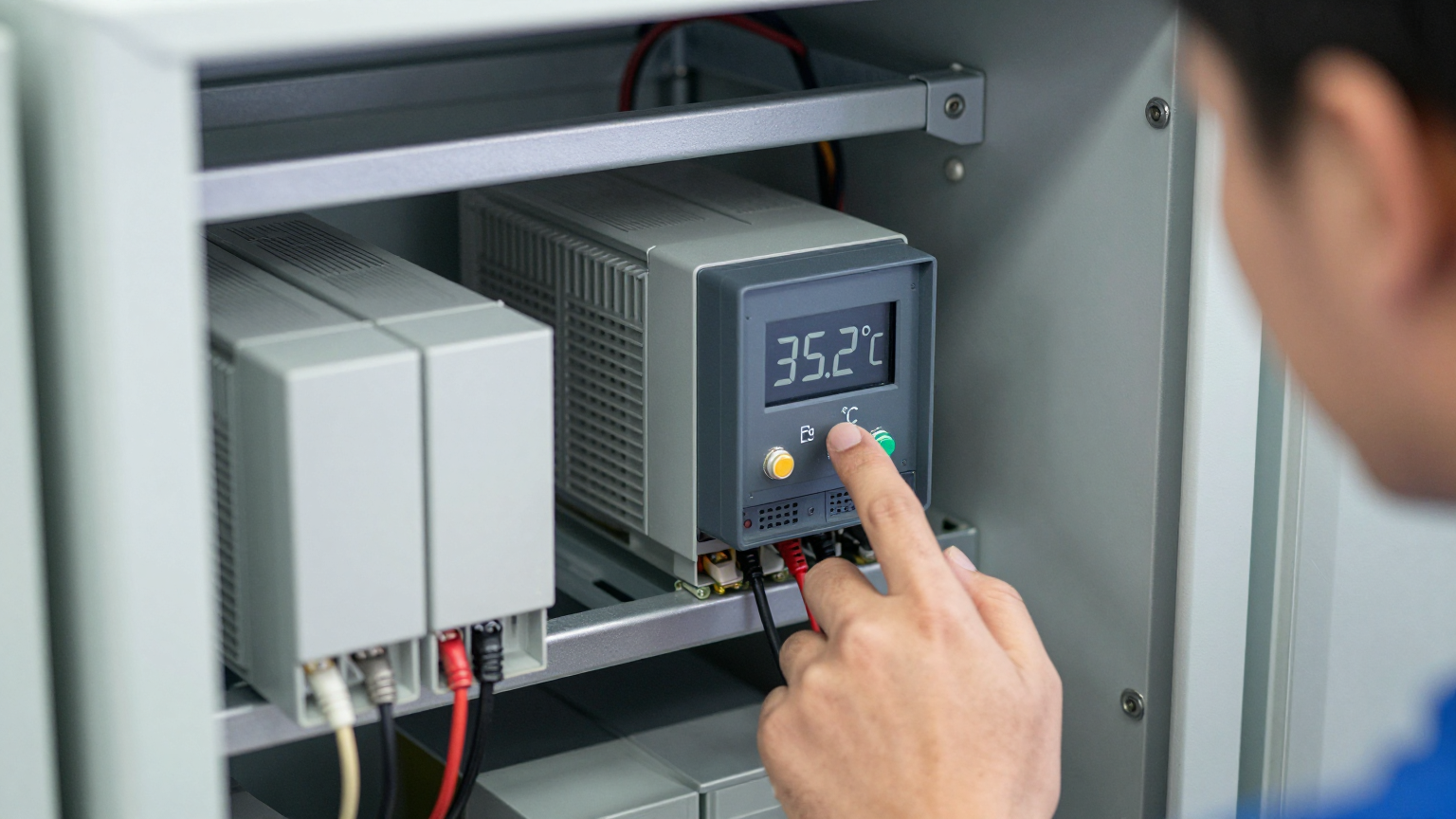An engineer installing a Micro DC Aircon unit onto an industrial control panel, ensuring the gasket provides a tight seal.