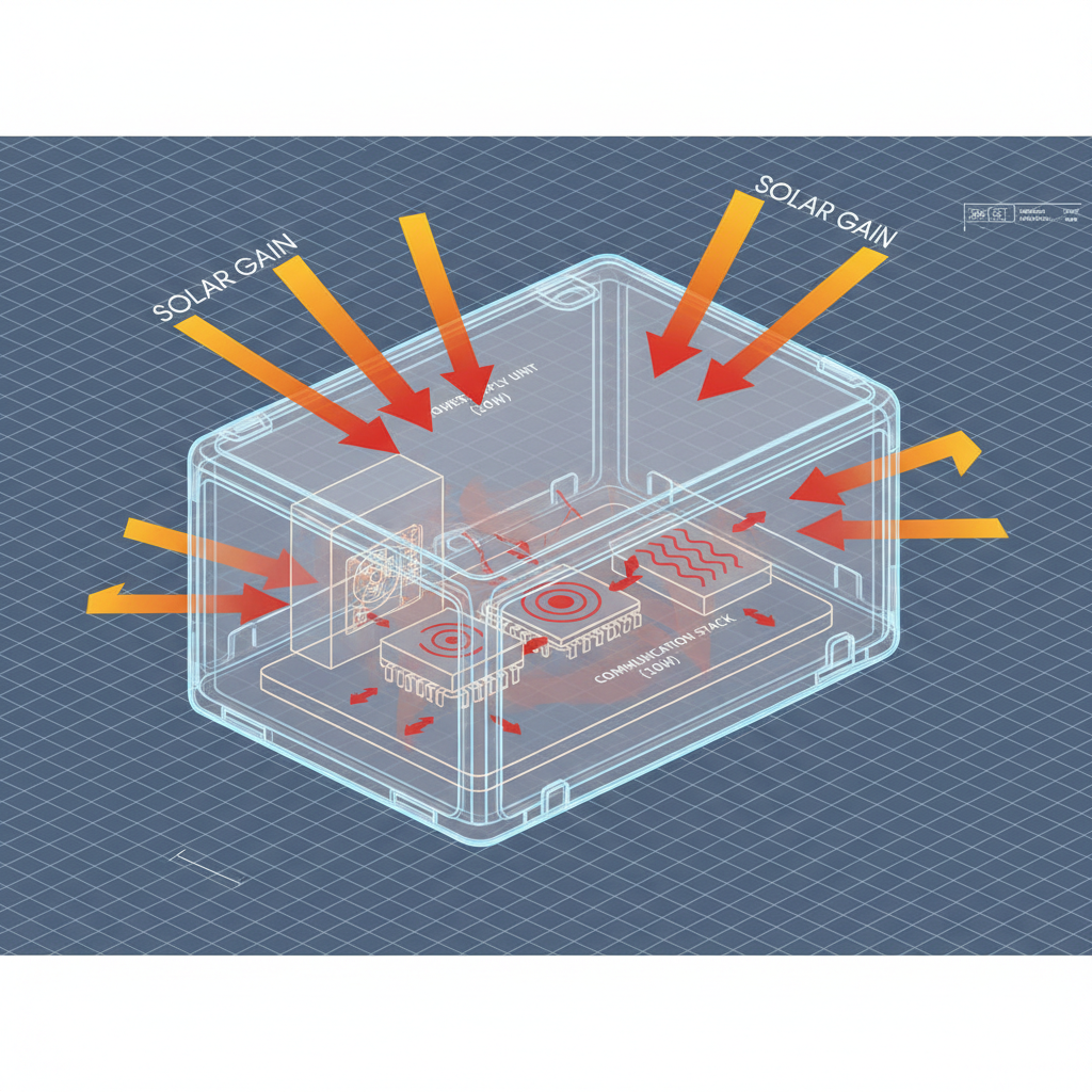 Diagram showing heat load sources in a sealed outdoor enclosure