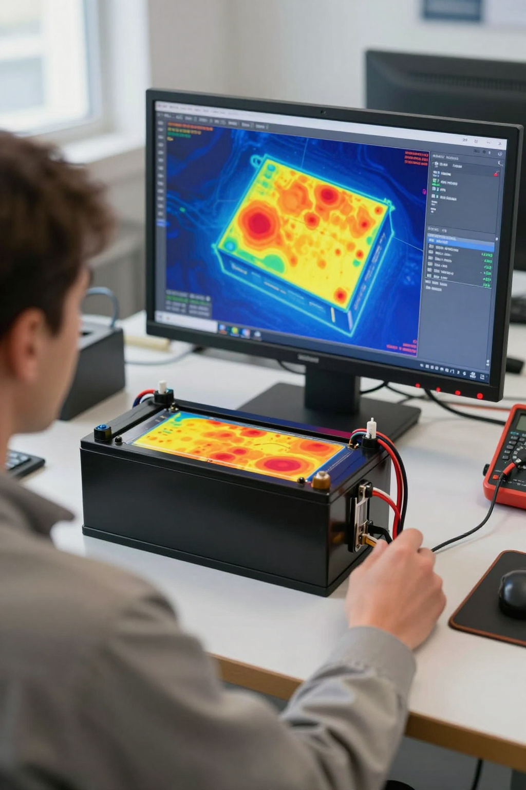 A diagram showing heat buildup in a multi-module battery pack versus a single module.
