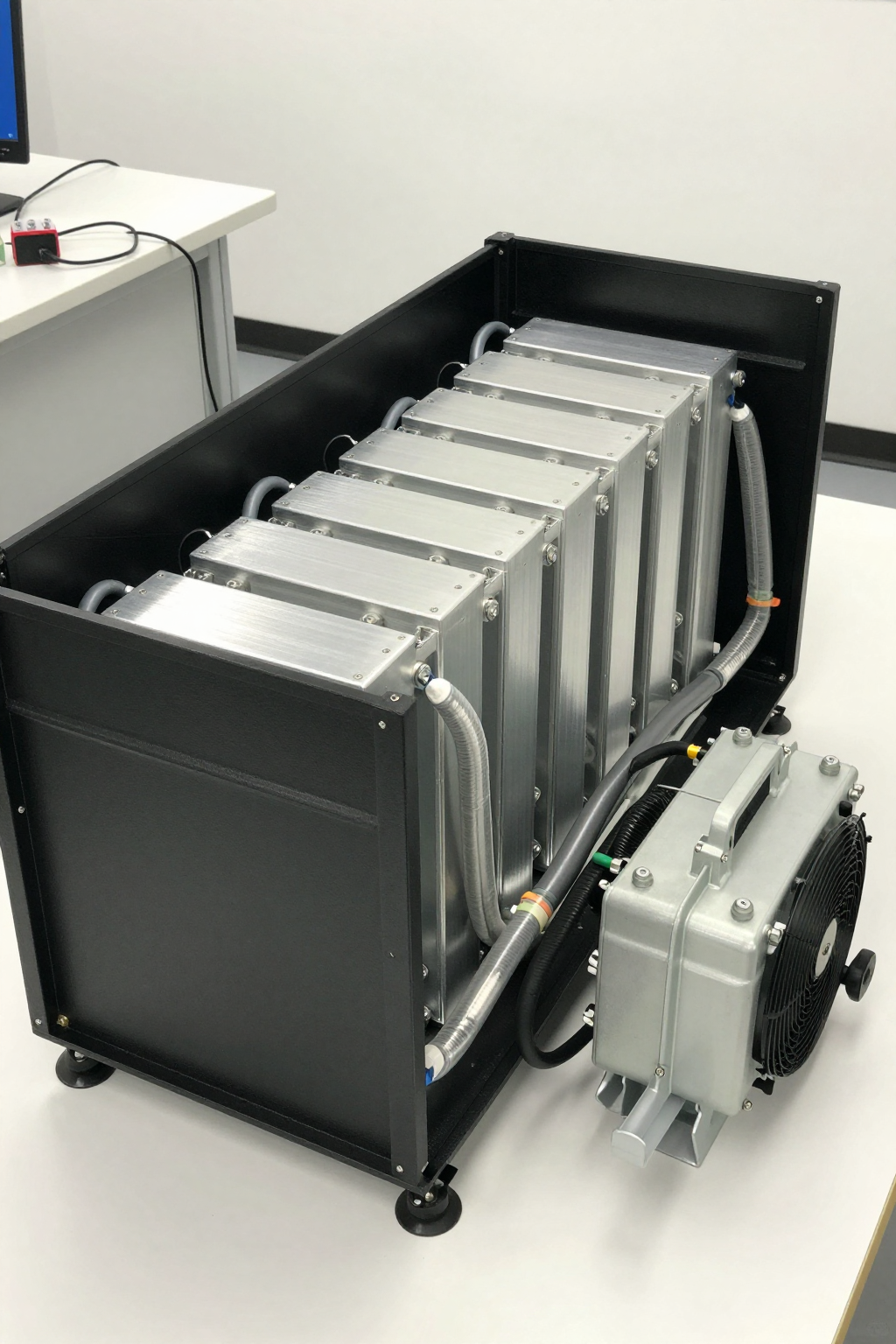 A miniature DC compressor unit with its external controller, ready for integration.