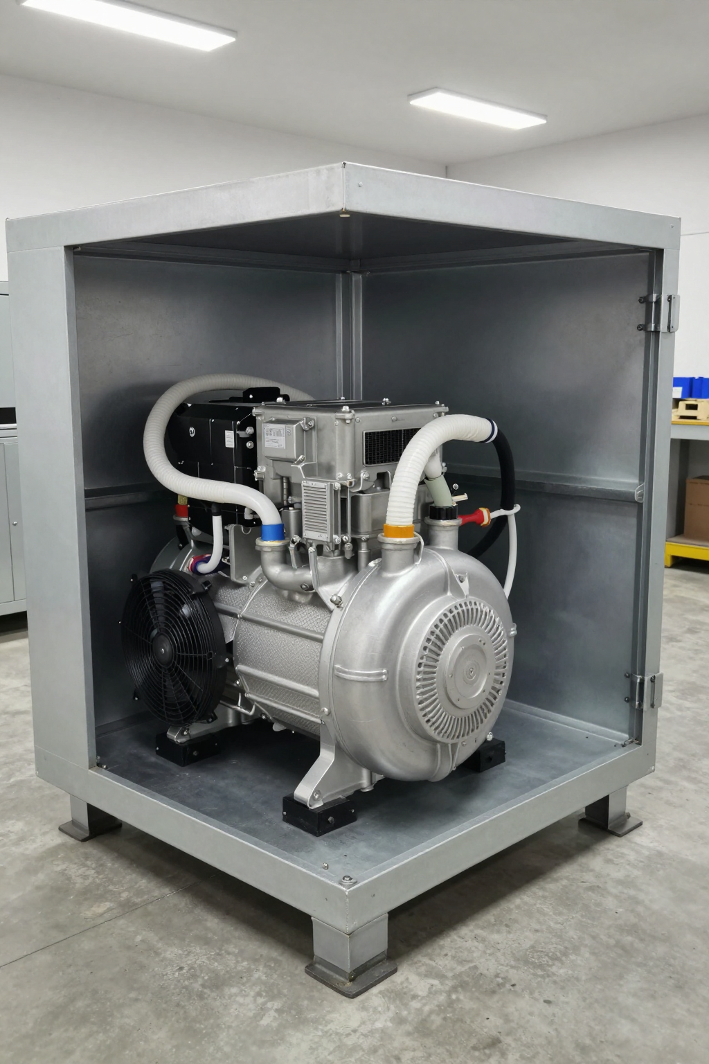 A complete battery pack with integrated liquid cooling plates and tubing connected to a DC compressor system.