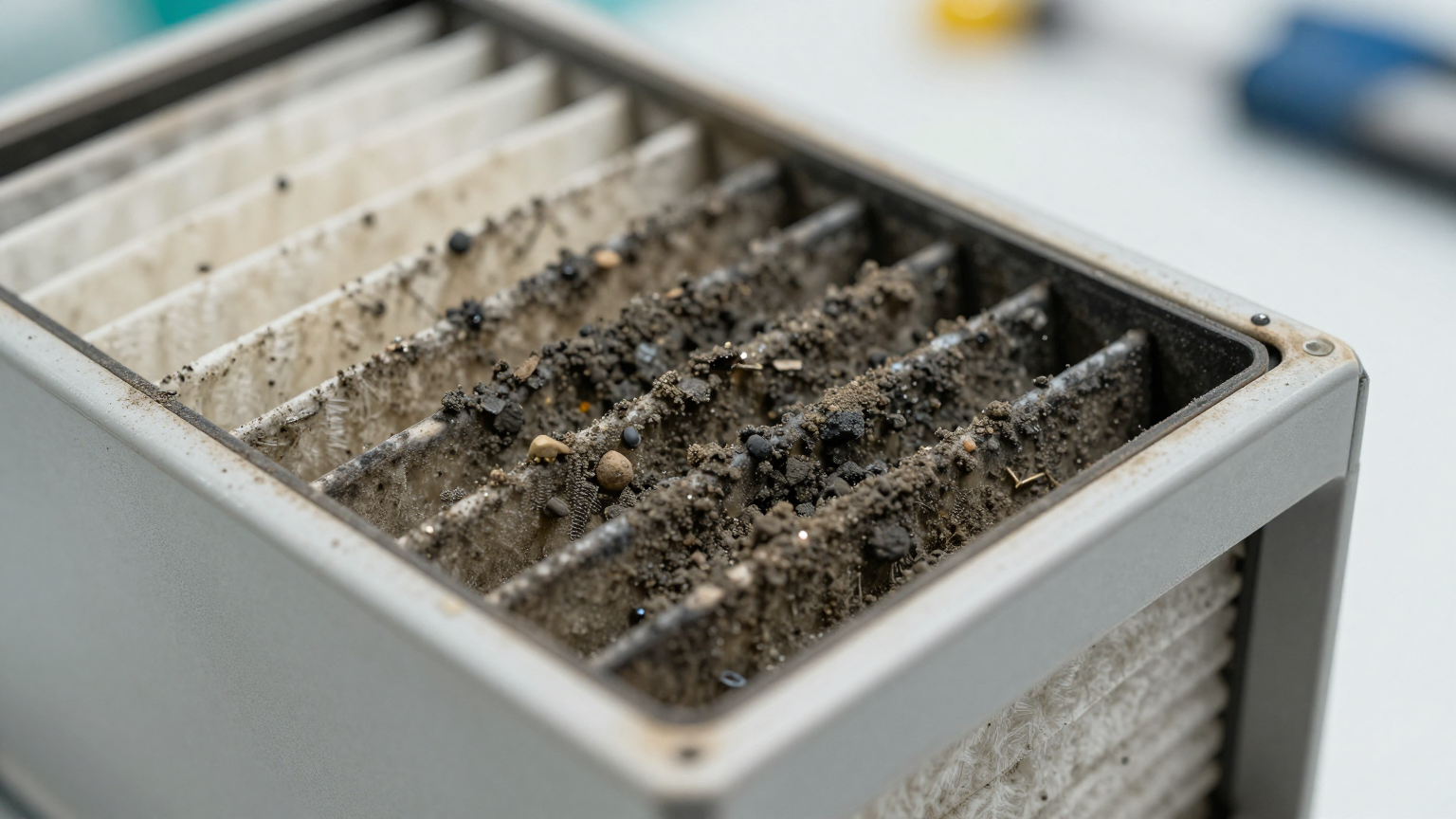 An industrial CNC machining floor with control cabinets exposed to airborne particulates.